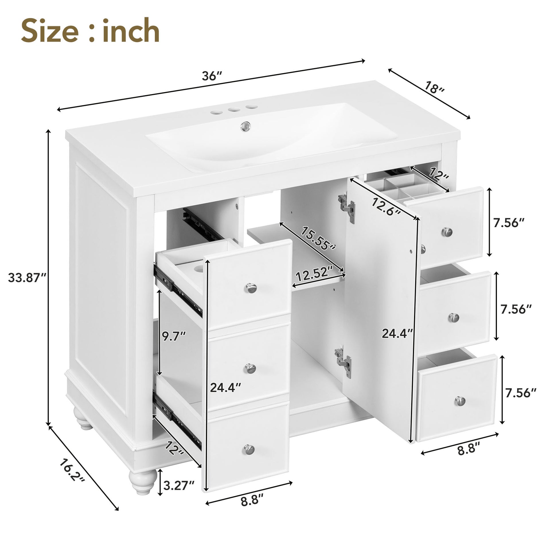 Contemporary White Bathroom Vanity Cabinet 36X18X34 Inches, 4 Drawers & 1 Cabinet Door, Multipurpose Storage, Resin Integrated Sink, Adjustable Shelves, Solid Wood Frame With Mdf White Modern Solid Wood Mdf Resin