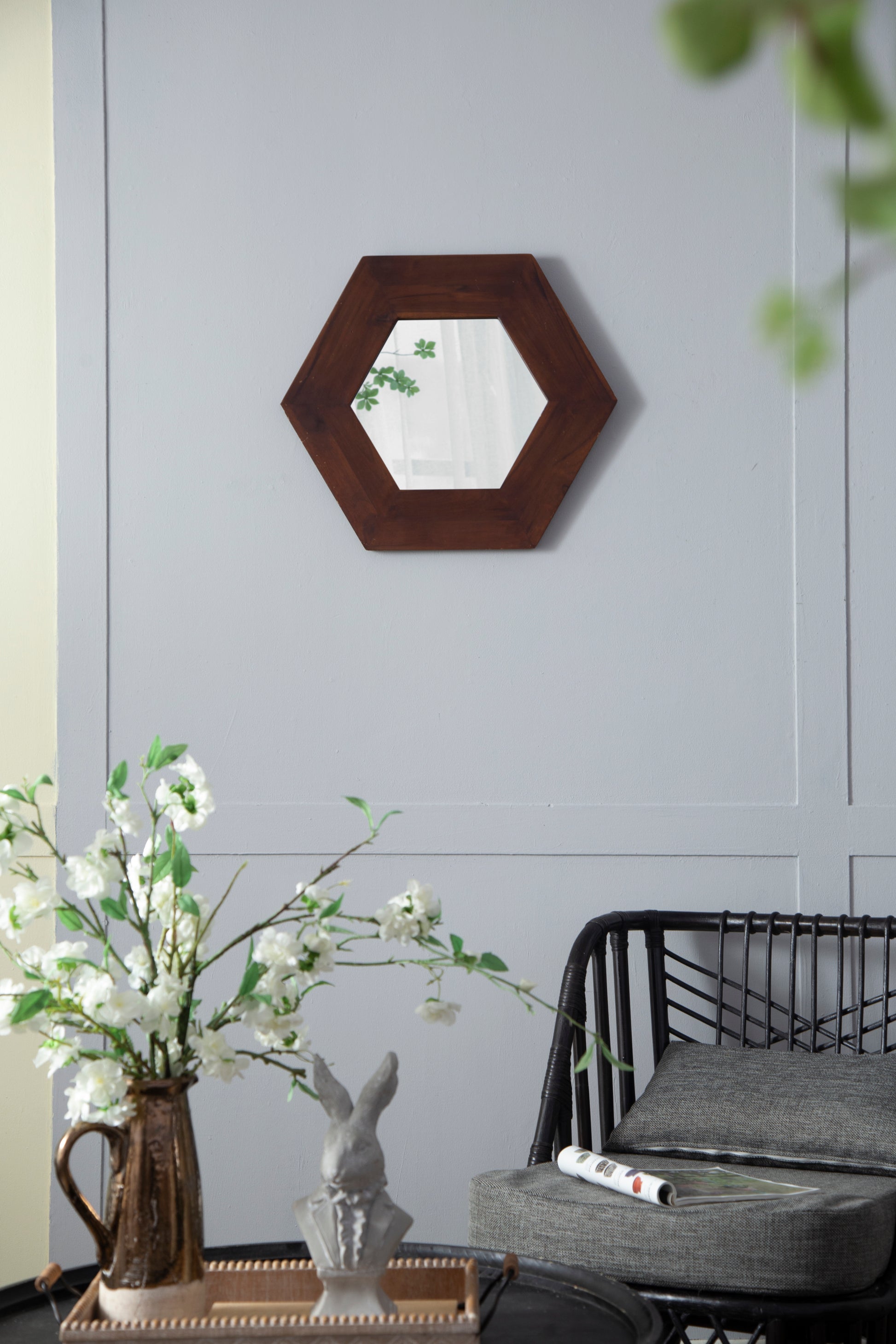 18.5" x 18.5" Hexagon Mirror with Solid Wood Frame brown-wood+glass