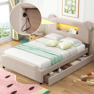 Full Size Upholstered Storage Platform Bed With Cartoon Ears Shaped Headboard, Led And Usb, Beige Box Spring Not Required Full Beige Wood Bedroom Bed Frame Upholstered