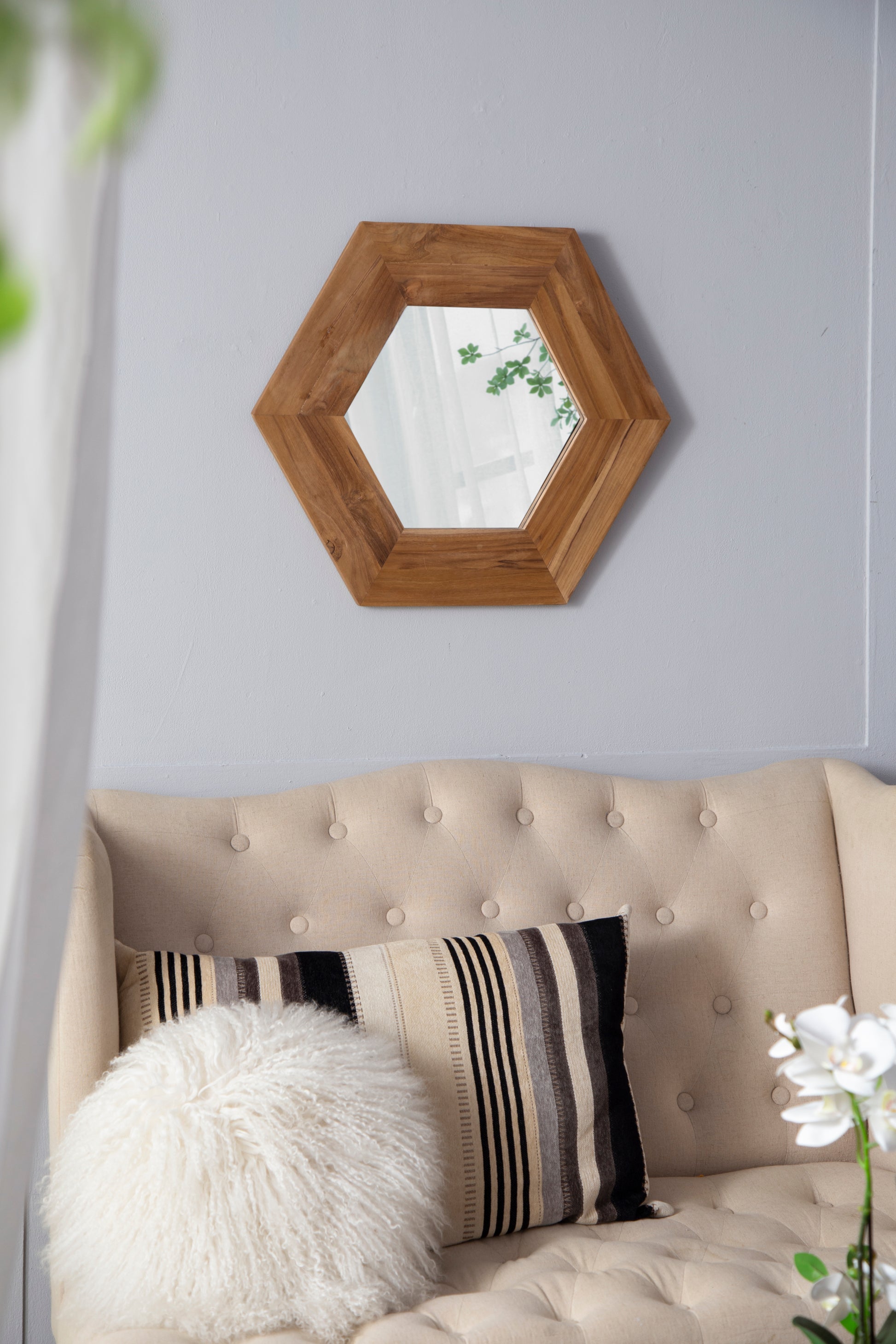 18.5" x 18.5" Hexagon Mirror with Natural Wood Frame natural-wood+glass