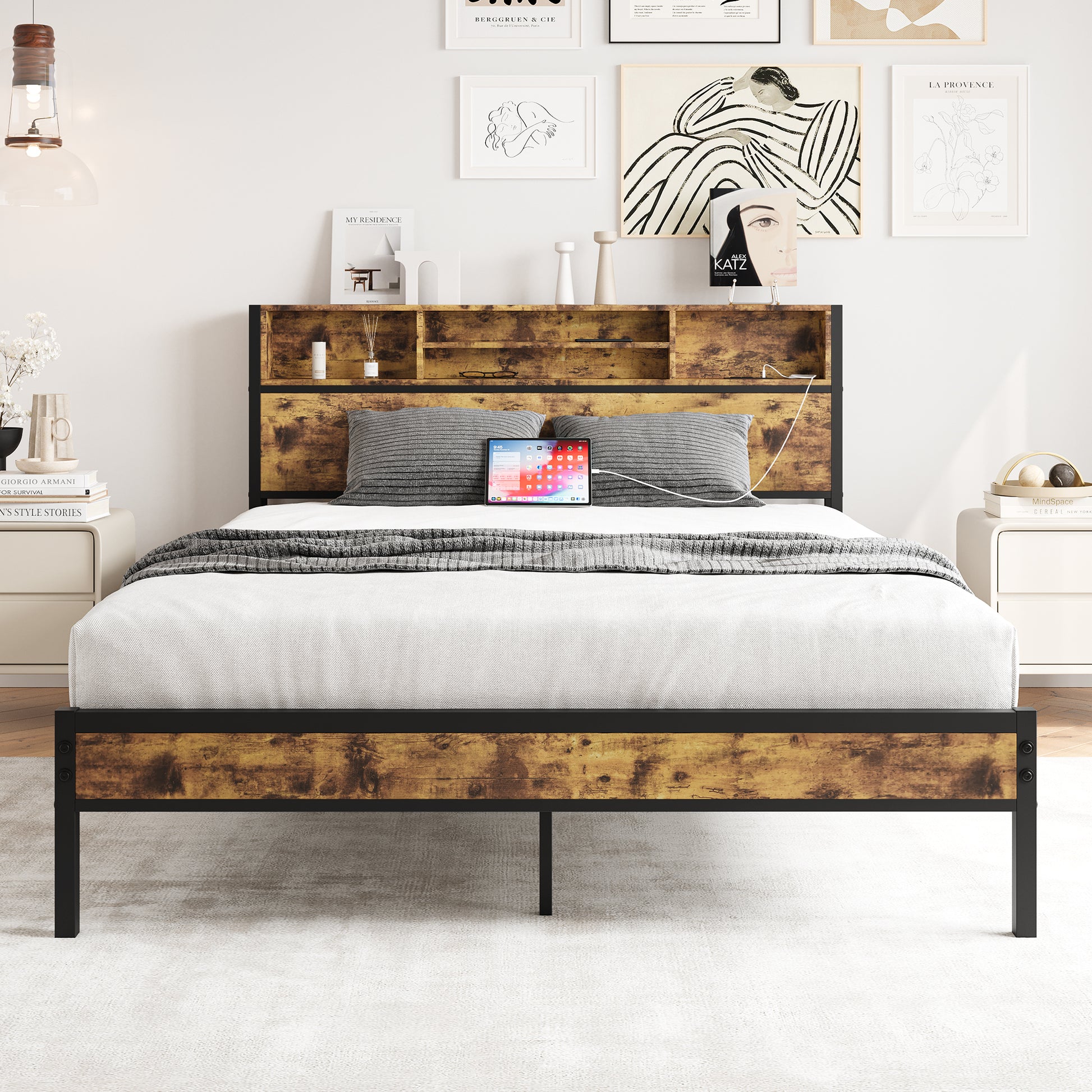Queen Bed Frame With Storage Headboard, Metal Platform Bed With Charging Station, Bookcase Storage, No Box Spring Needed, Easy Assembly, Noise Free, Black Box Spring Not Required Queen Black Iron Brown Bedroom Bed Frame Metal & Wood