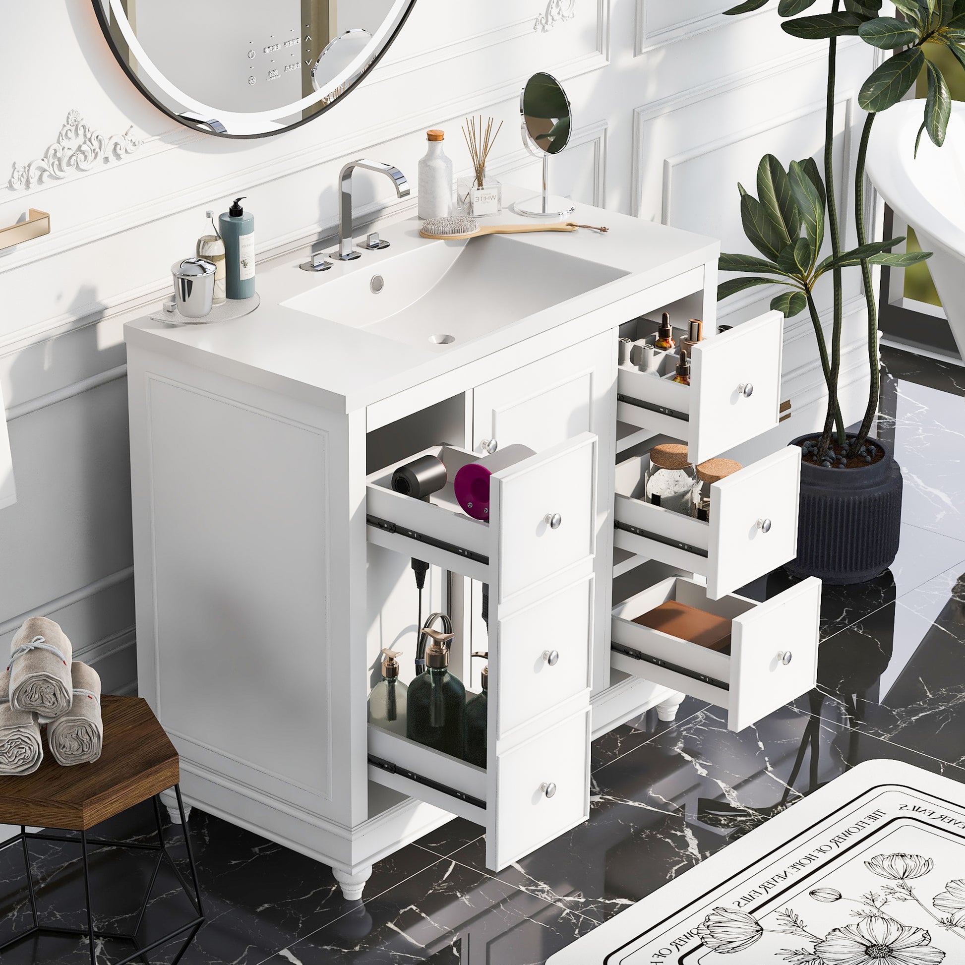 Contemporary White Bathroom Vanity Cabinet 36X18X34 Inches, 4 Drawers & 1 Cabinet Door, Multipurpose Storage, Resin Integrated Sink, Adjustable Shelves, Solid Wood Frame With Mdf White Modern Solid Wood Mdf Resin