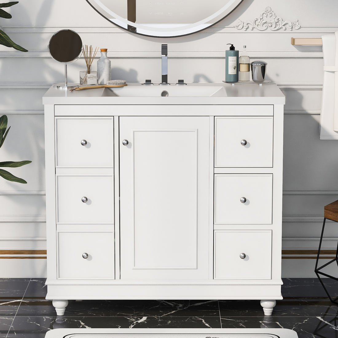 Contemporary White Bathroom Vanity Cabinet 36X18X34 Inches, 4 Drawers & 1 Cabinet Door, Multipurpose Storage, Resin Integrated Sink, Adjustable Shelves, Solid Wood Frame With Mdf White Modern Solid Wood Mdf Resin