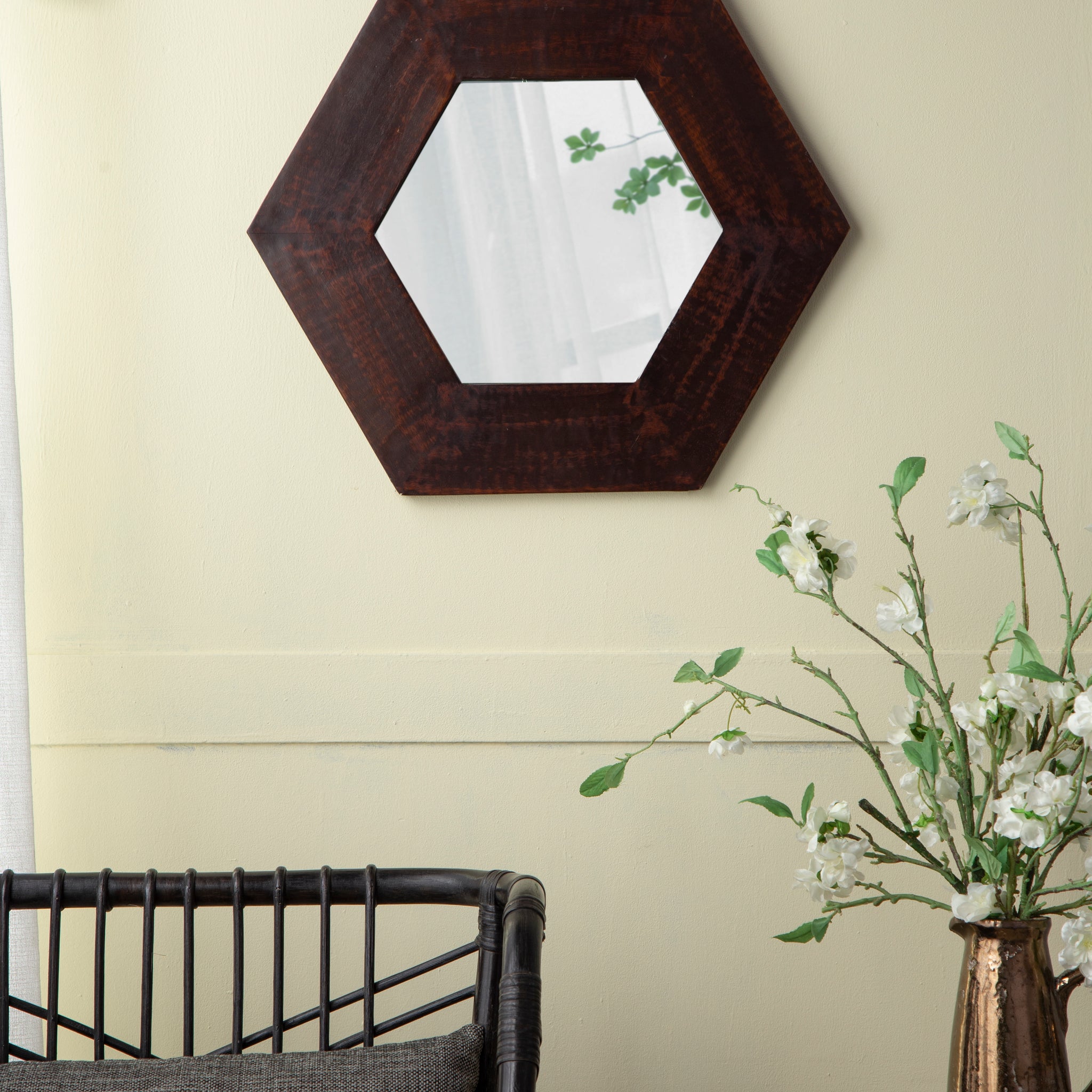 18.5" X 18.5" Hexagon Mirror With Solid Wood Frame, Wall Decor For Living Room Bathroom Hallway, Dark Brown Brown Wood Glass