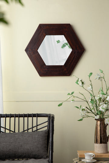 18.5" X 18.5" Hexagon Mirror With Solid Wood Frame, Wall Decor For Living Room Bathroom Hallway, Dark Brown Brown Wood Glass