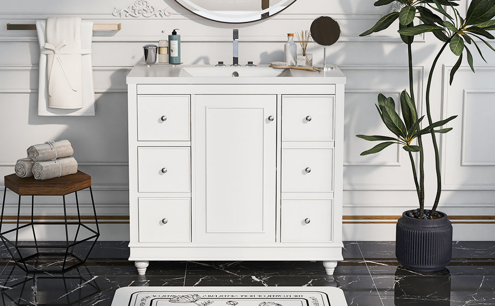 Contemporary White Bathroom Vanity Cabinet 36X18X34 Inches, 4 Drawers & 1 Cabinet Door, Multipurpose Storage, Resin Integrated Sink, Adjustable Shelves, Solid Wood Frame With Mdf White Modern Solid Wood Mdf Resin