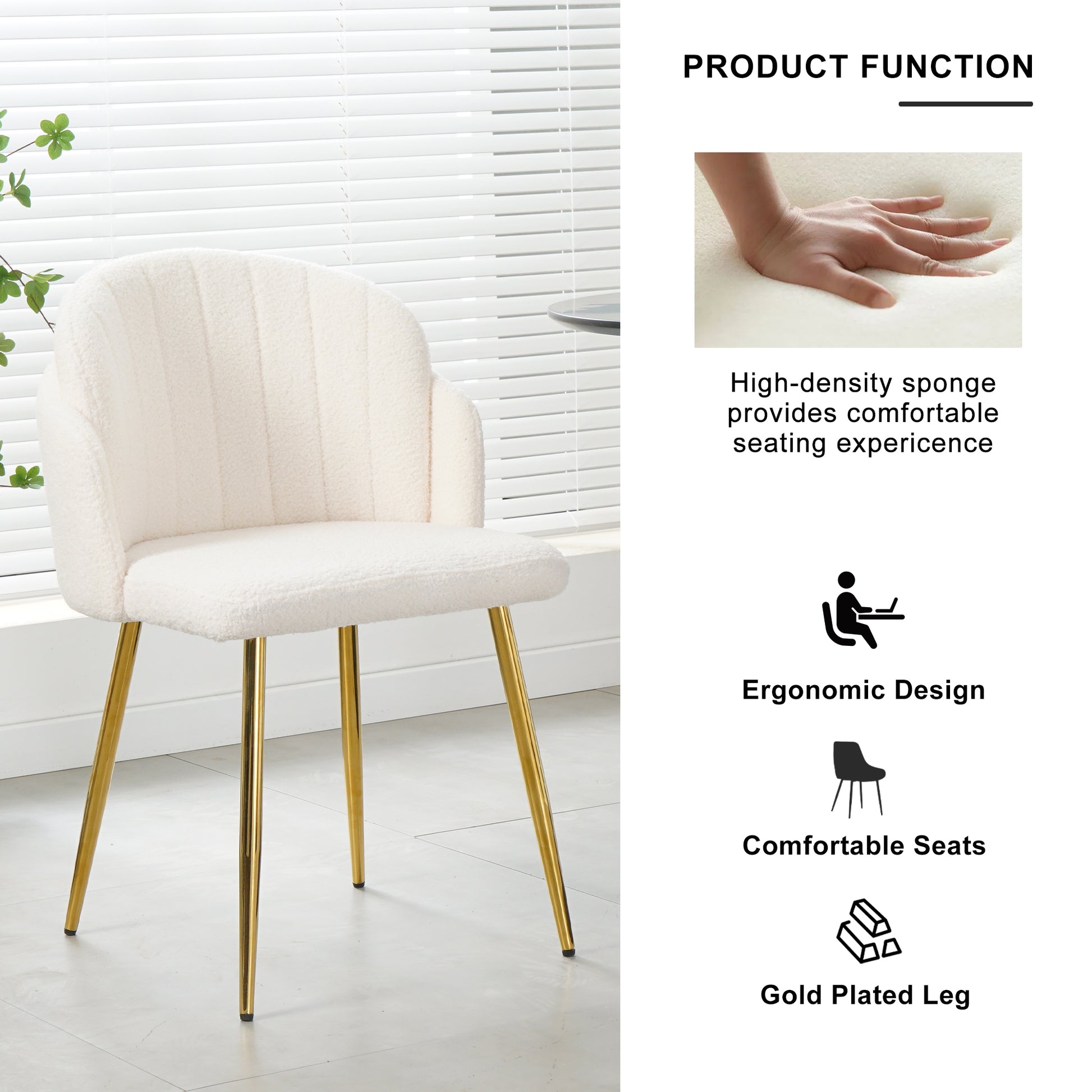 Modern Simple Teddy Fleece Dining Chair Fabric Upholstered Chairs Home Bedroom Stool Back Dressing Chair Gold Metal Legs Set Of 2 Beige Metal