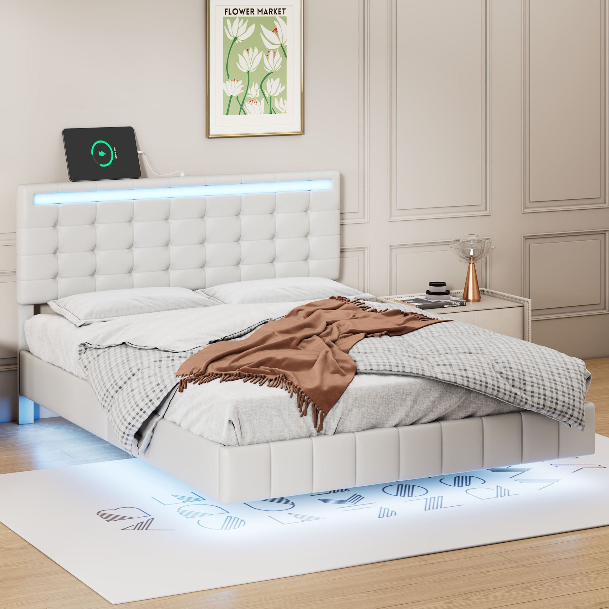 Full Size Floating Bed Frame With Led Lights And Usb Charging,Modern Upholstered Platform Led Bed Frame,White Full White Pu