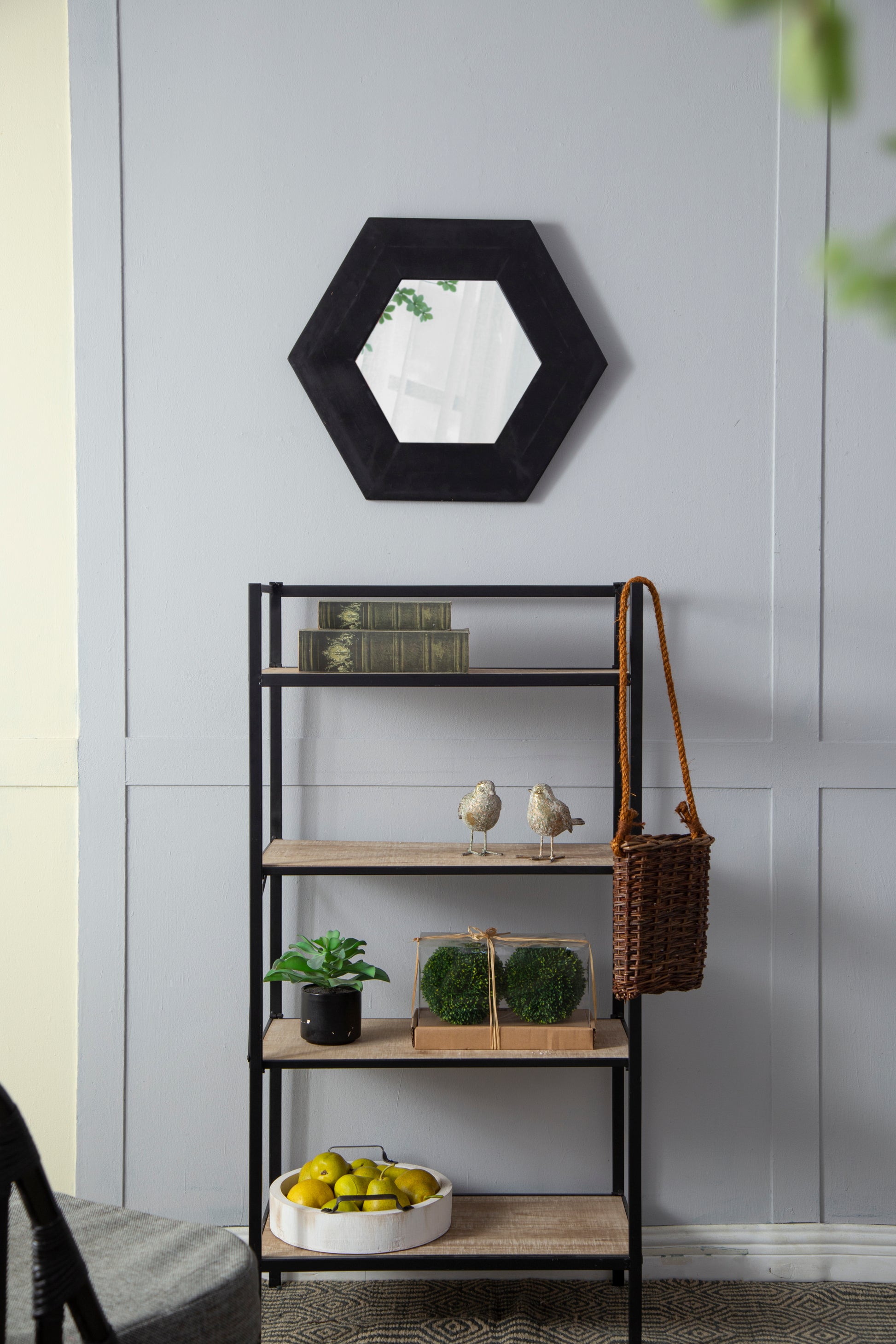 18.5" x 18.5" Hexagon Mirror with Solid Wood Frame black-wood+glass