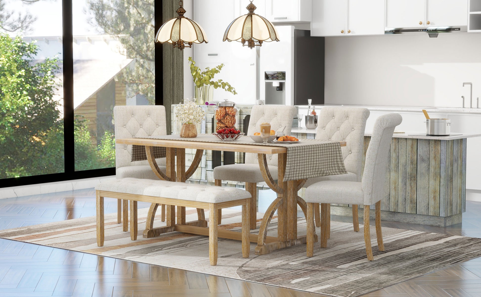 6 Piece Retro Rectangular Dining Table Set, Table With Unique Legs And 4 Upholstered Chairs & 1 Bench For Dining Room And Kitchen Natural Wood Wash Natural Wood Wash Lvl