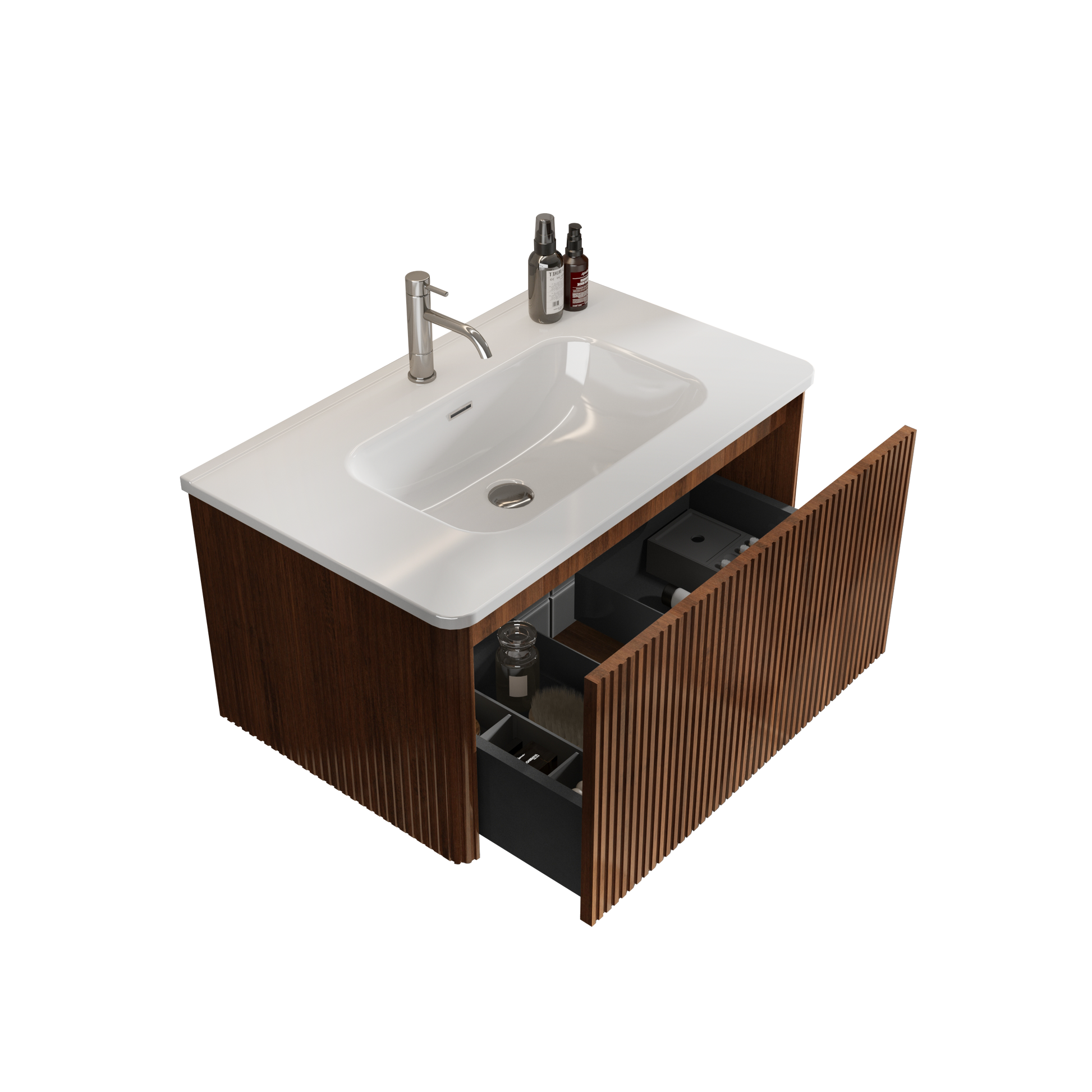 U047 Etna30W 305 Etna 30" Striped Walnut Bathroom Vanity With White Ceramic Sink, Wall Mounted Floating Bathroom Vanity For Modern Bathroom, Pre Assembled White Walnut Melamine