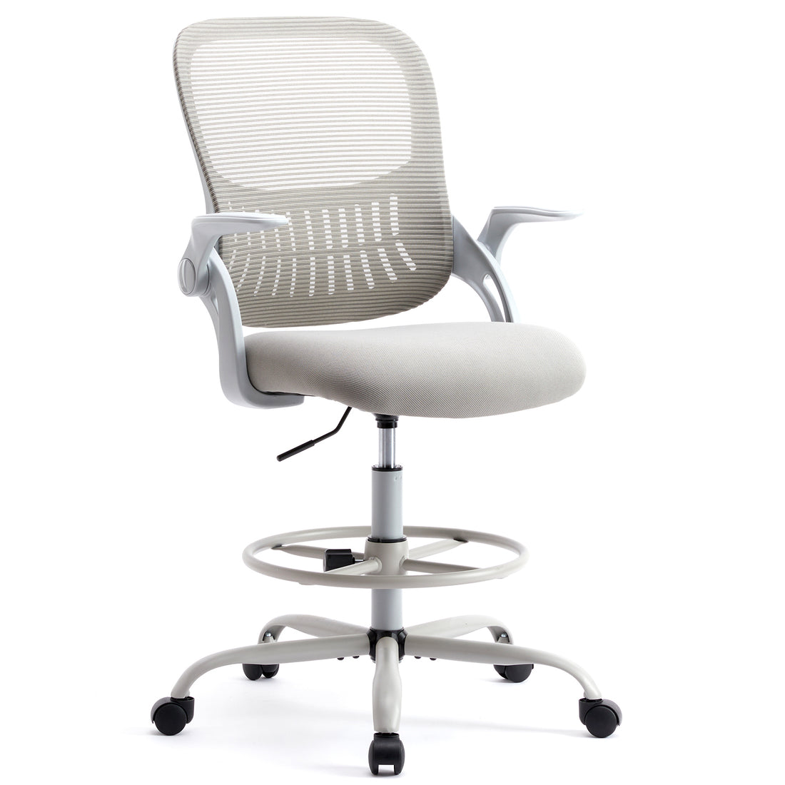 Sweetcrispy Drafting Tall Office Chair Ergonomic High Desk Chair With Flip Up Armrests Gray Nylon Mesh
