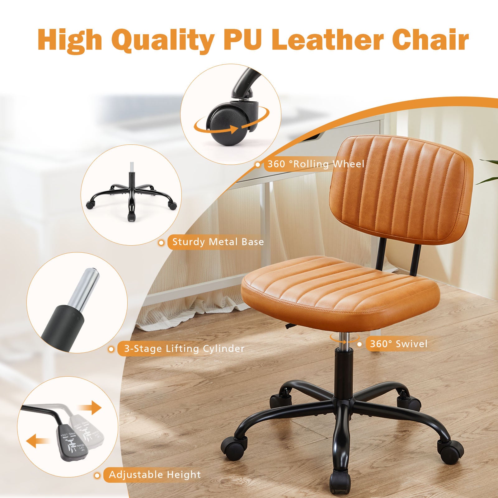 Sweetcrispy Pu Leather Low Back Task Chair Small Home Office Chair With Wheels Brown Abs Rubber Steel Q235