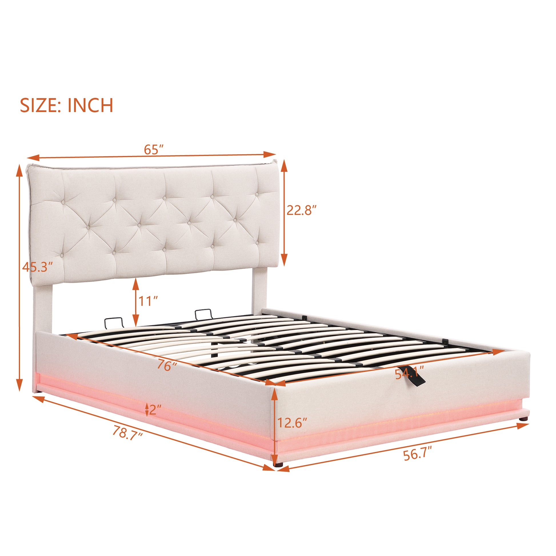 Full Size Upholstered Bed With Hydraulic Storage System And Led Light, Modern Platform Bed With Button Tufted Design Headboard, Beige Beige Linen