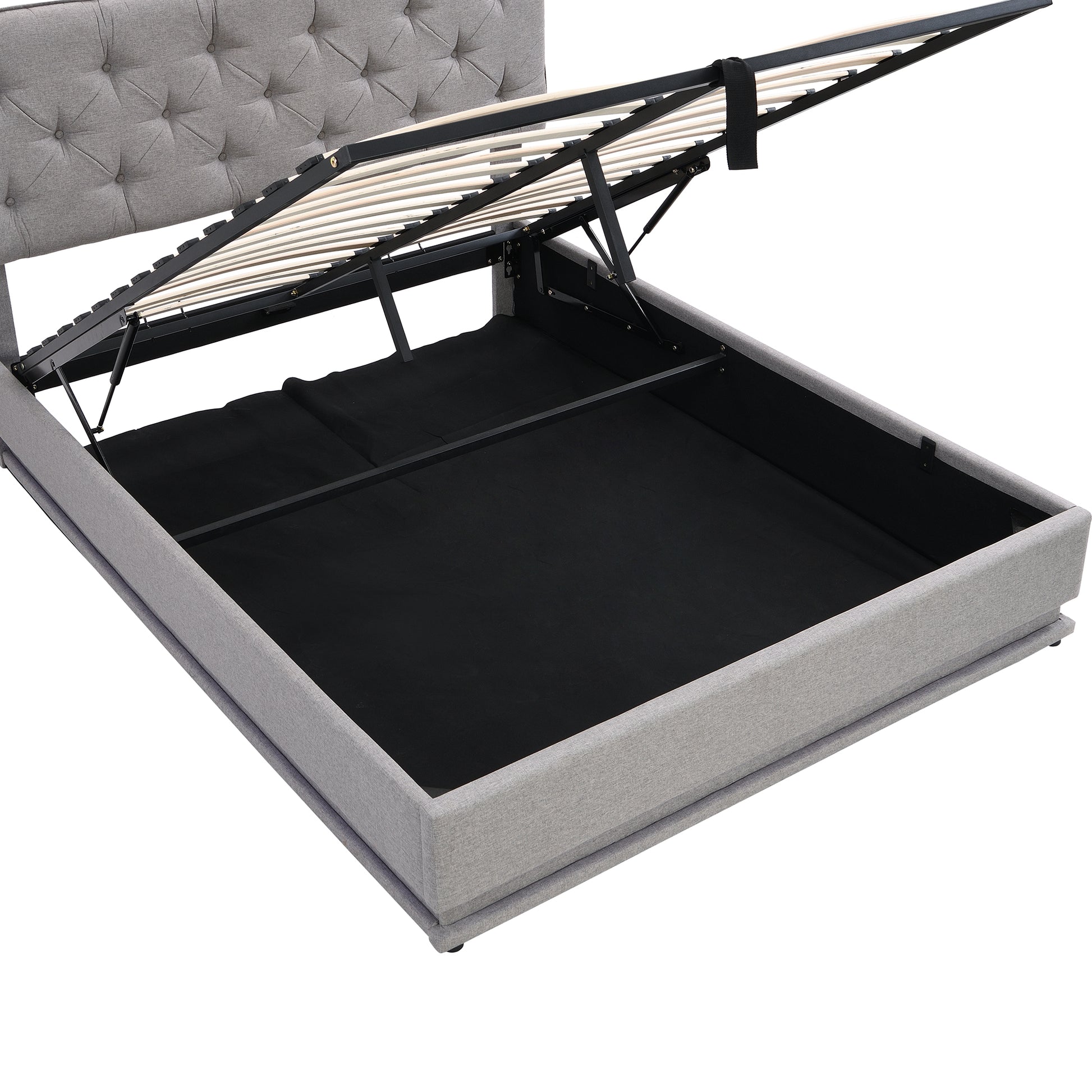 Queen Size Upholstered Bed With Hydraulic Storage System And Led Light, Modern Platform Bed With Button Tufted Design Headboard, Gray Gray Linen