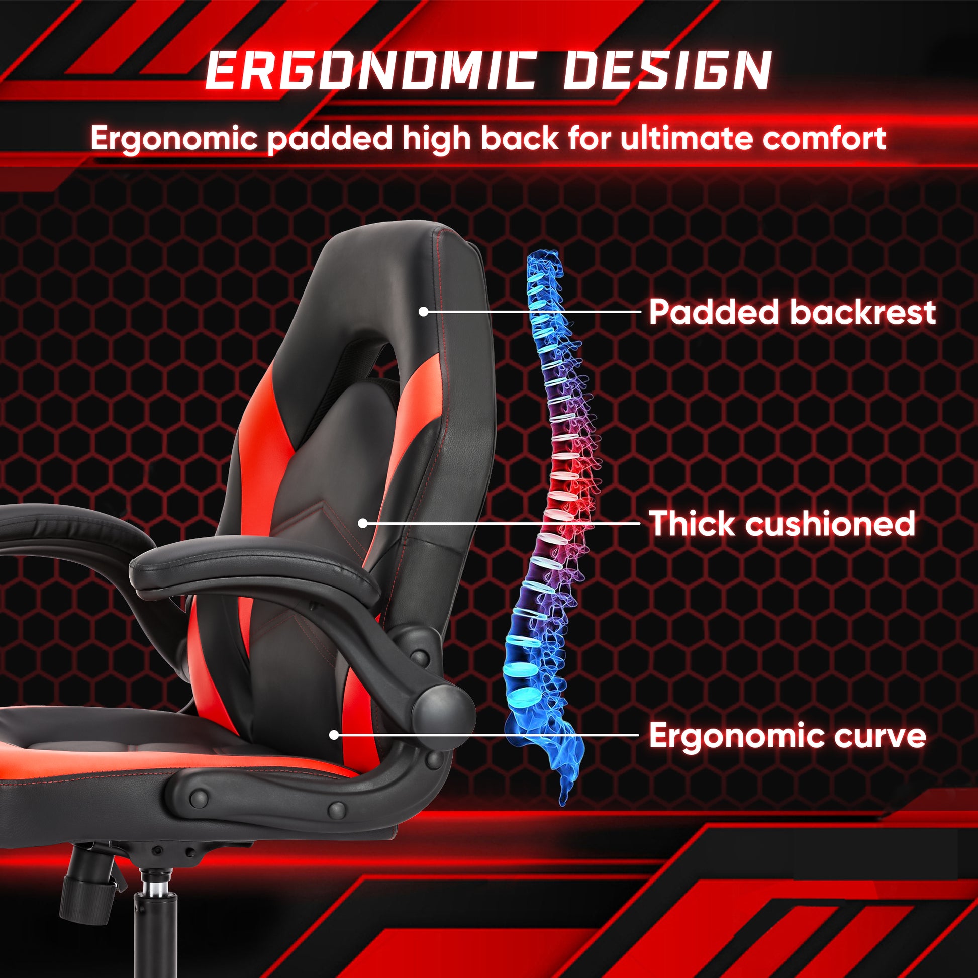 Sweetcrispy Gaming Chair Pu Leather Computer Chair Ergonomic Office Chair With Lumbar Support, Height Adjustable Rolling Desk Chairs With Flip Up Armrests Black Red Pu