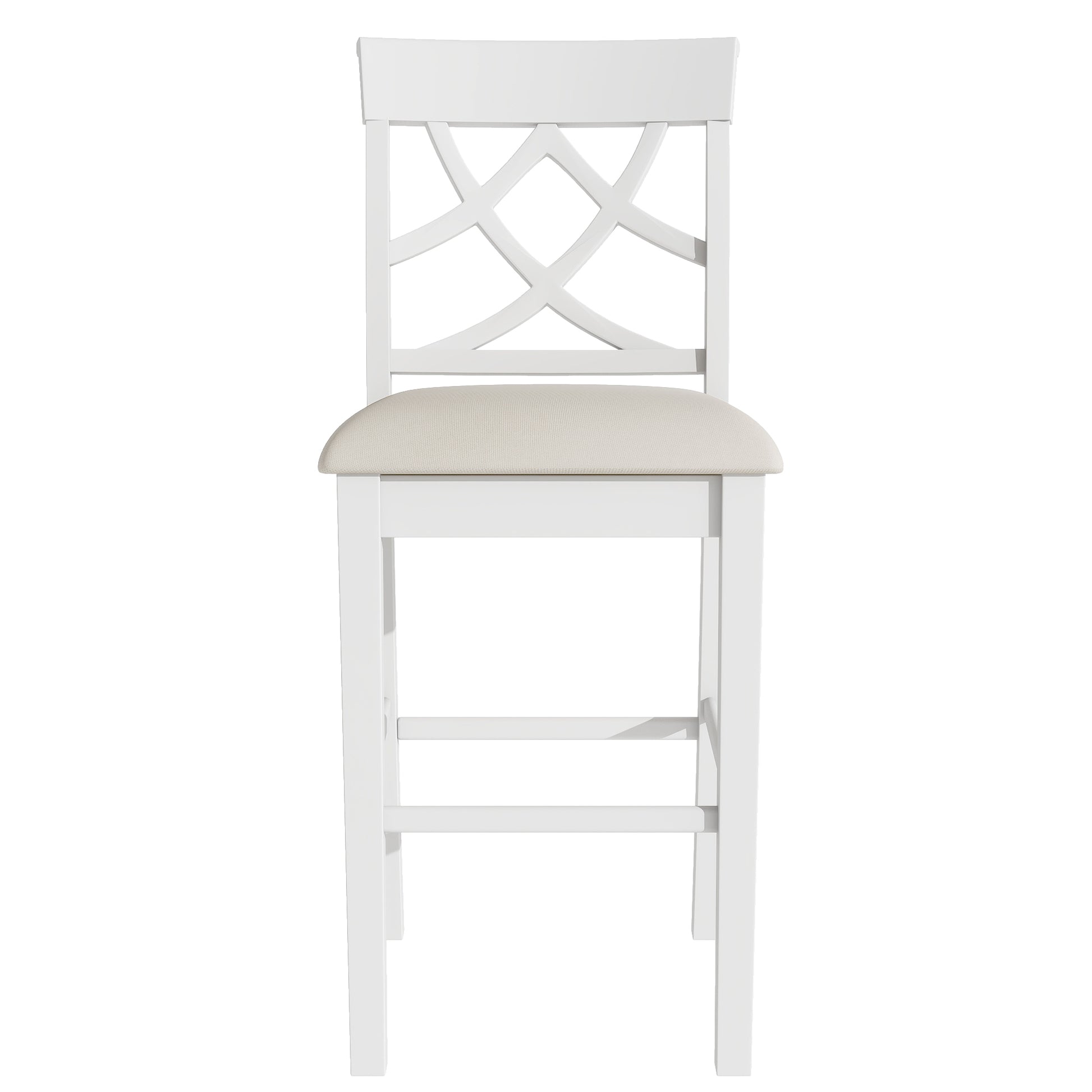 Updated Counter Height 5 Piece Solid Wood Dining Table Set, 59*35.4Inch Table With Curved Wine Rack And 4 Upholstered Chairs, White Wood Dining Room Solid Wood Rubberwood Rectangular Dining Table With Chair Wood Wood White Solid Back Seats 4 Farmhouse 4