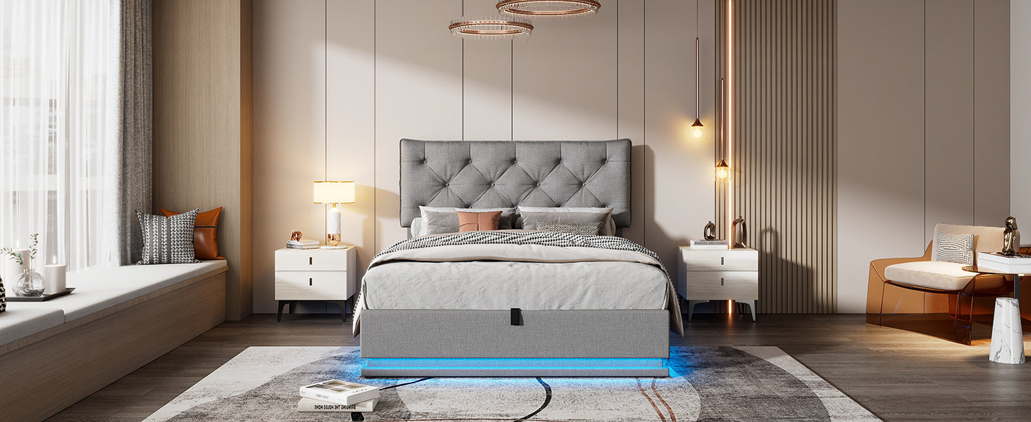 Full Size Upholstered Bed With Hydraulic Storage System And Led Light, Modern Platform Bed With Button Tufted Design Headboard, Gray Gray Linen