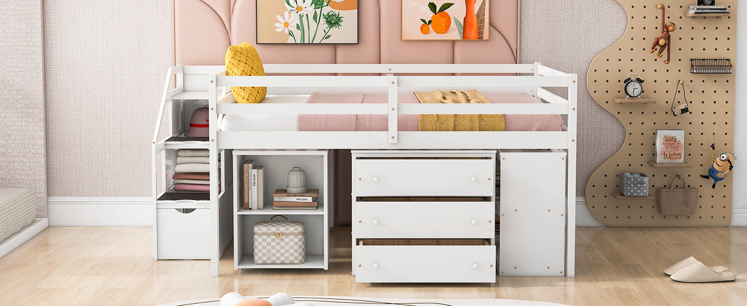 Full Size Loft Bed With Retractable Writing Desk And 3 Drawers, Wooden Loft Bed With Storage Stairs And Shelves, White White Solid Wood Mdf