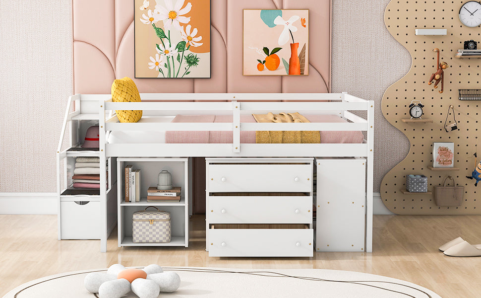 Full Size Loft Bed With Retractable Writing Desk And 3 Drawers, Wooden Loft Bed With Storage Stairs And Shelves, White White Solid Wood Mdf