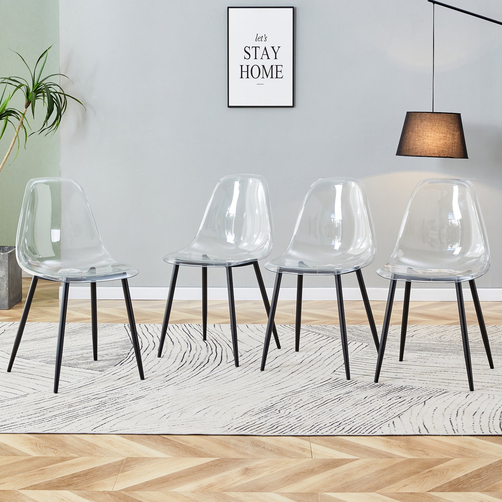 Table And Chair Set, Transparent Glass Tabletop And Black Metal Table Legs, Transparent Plastic Backrest Cushion And Black Metal Chair Legs, One Table With Four Chairs.Drt 1123 Tw 1200 Transparent Seats 4 Glass