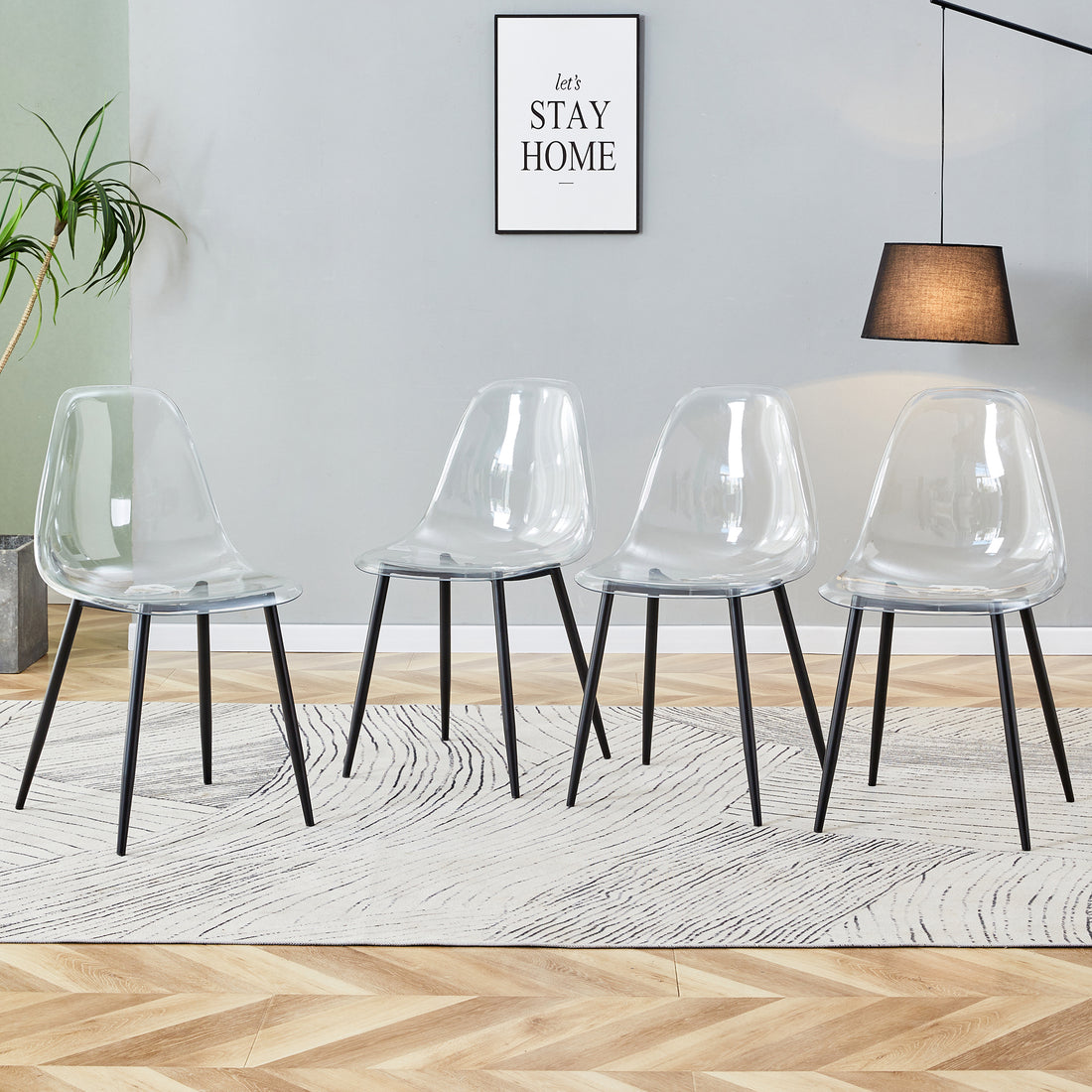 Modern Minimalist Transparent Dining Chair, Plastic Chair, Armless Crystal Chair, Nordic Creative Makeup Stool, Negotiation Chair, Set Of 4 Pieces, Black Metal Legs,Tw 1200 Black Metal