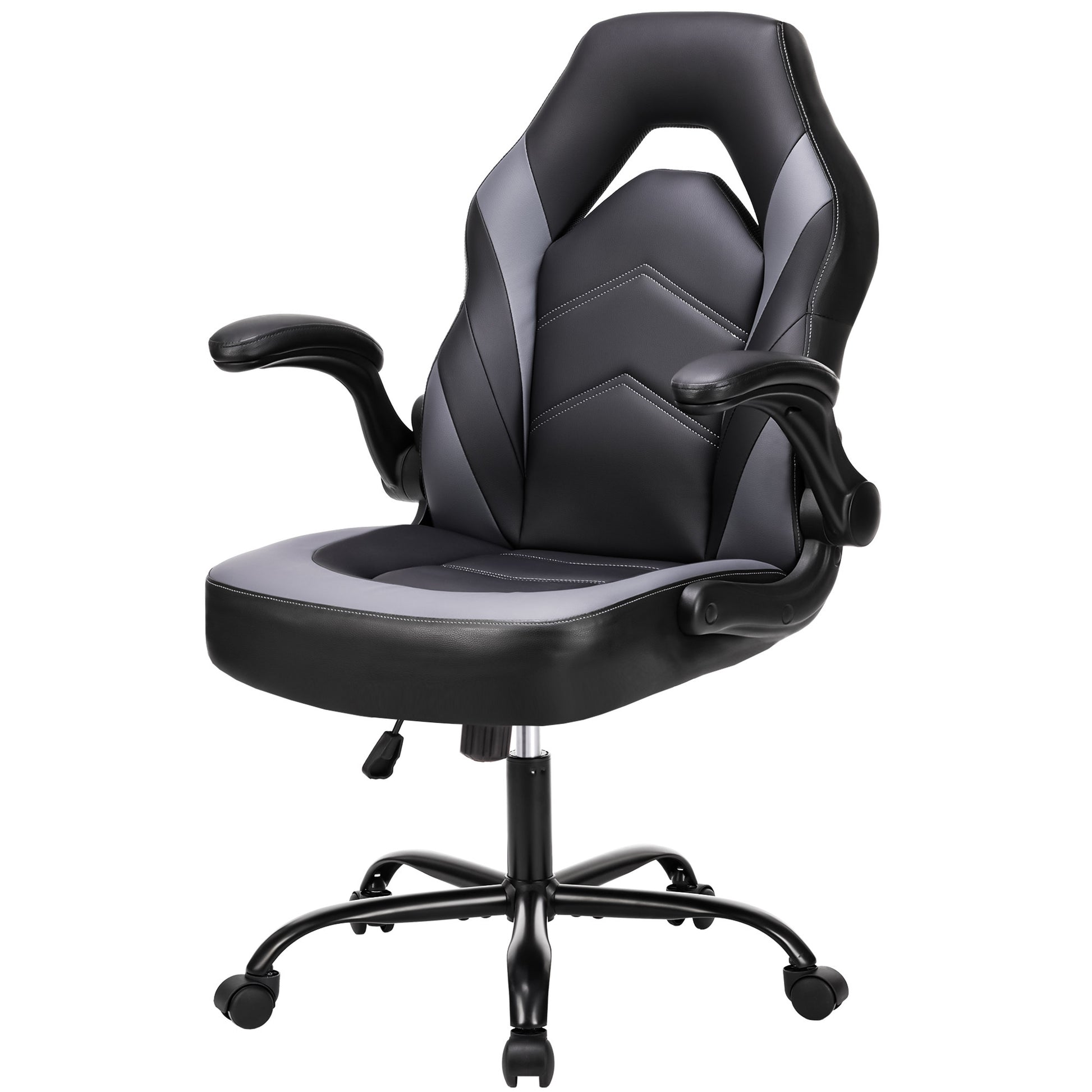 Sweetcrispy Gaming Chair Pu Leather Computer Chair Ergonomic Office Chair With Lumbar Support, Height Adjustable Rolling Desk Chairs With Flip Up Armrests Black Gray Pu