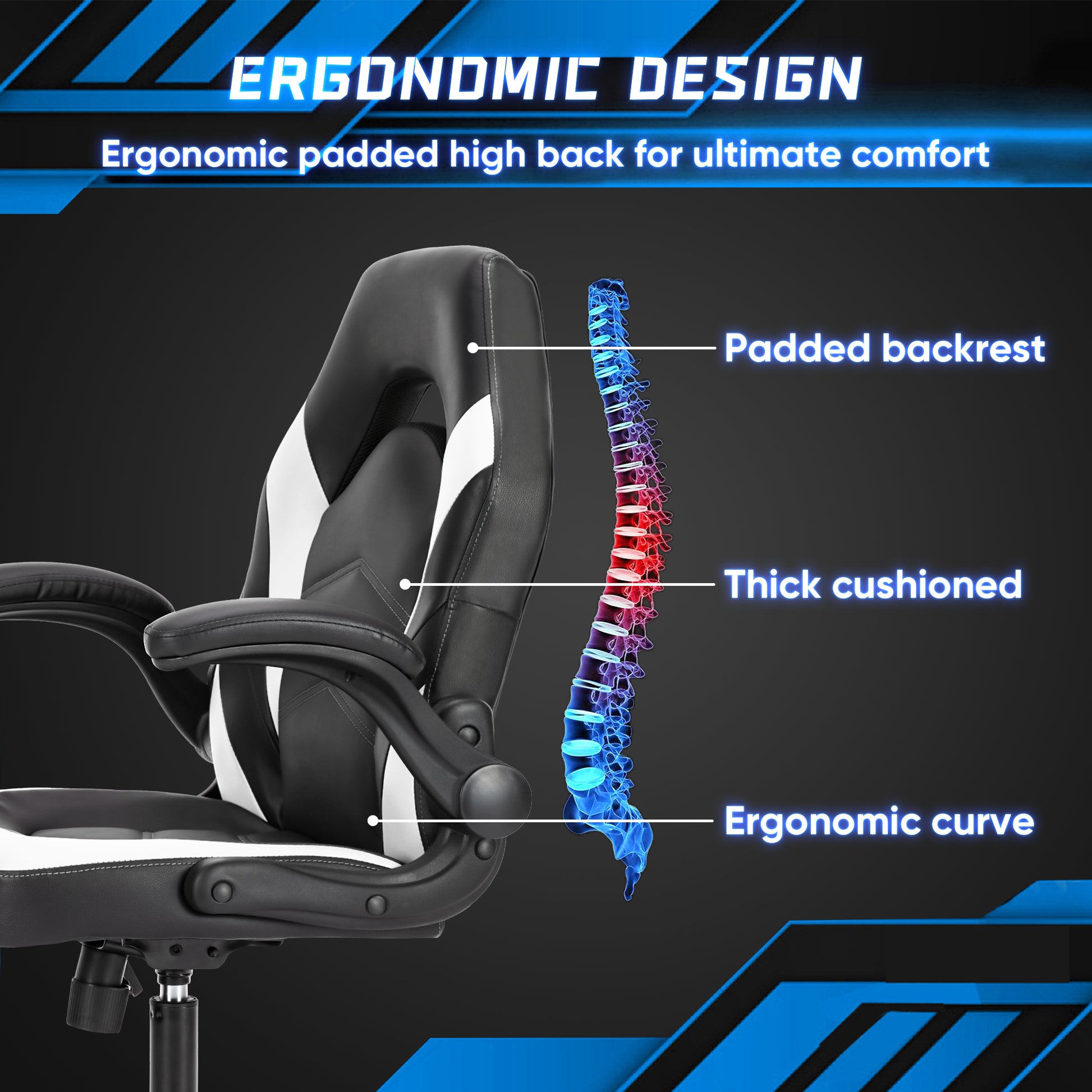 Sweetcrispy Gaming Chair Pu Leather Computer Chair Ergonomic Office Chair With Lumbar Support, Height Adjustable Rolling Desk Chairs With Flip Up Armrests Black White Pu
