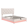 Full Size Upholstered Bed With Hydraulic Storage System And Led Light, Modern Platform Bed With Button Tufted Design Headboard, Beige Beige Linen