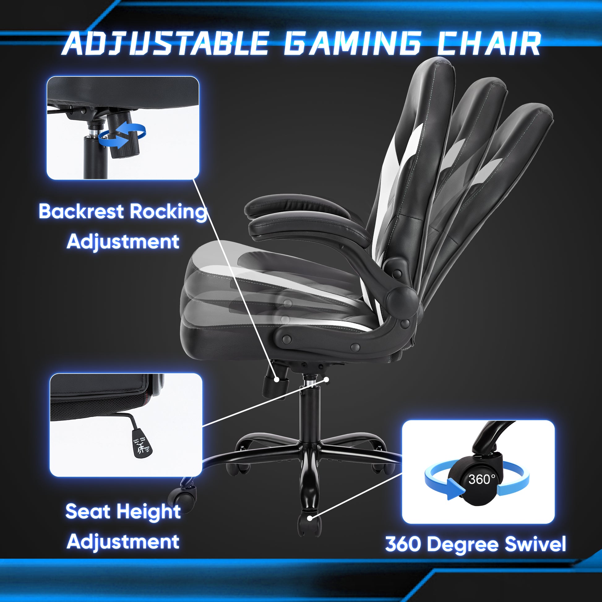 Sweetcrispy Gaming Chair Pu Leather Computer Chair Ergonomic Office Chair With Lumbar Support, Height Adjustable Rolling Desk Chairs With Flip Up Armrests Black White Pu