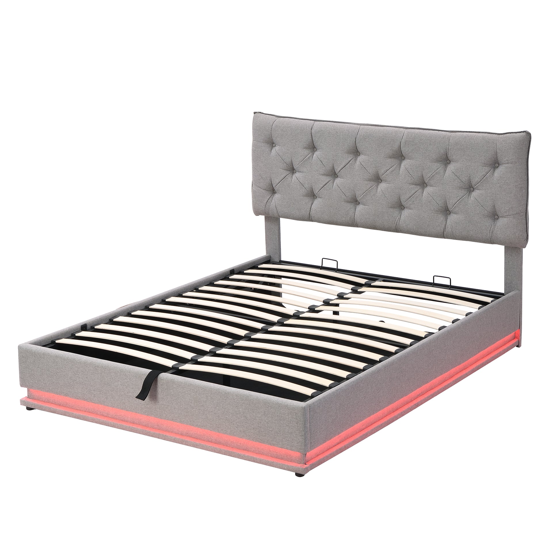 Queen Size Upholstered Bed With Hydraulic Storage System And Led Light, Modern Platform Bed With Button Tufted Design Headboard, Gray Gray Linen