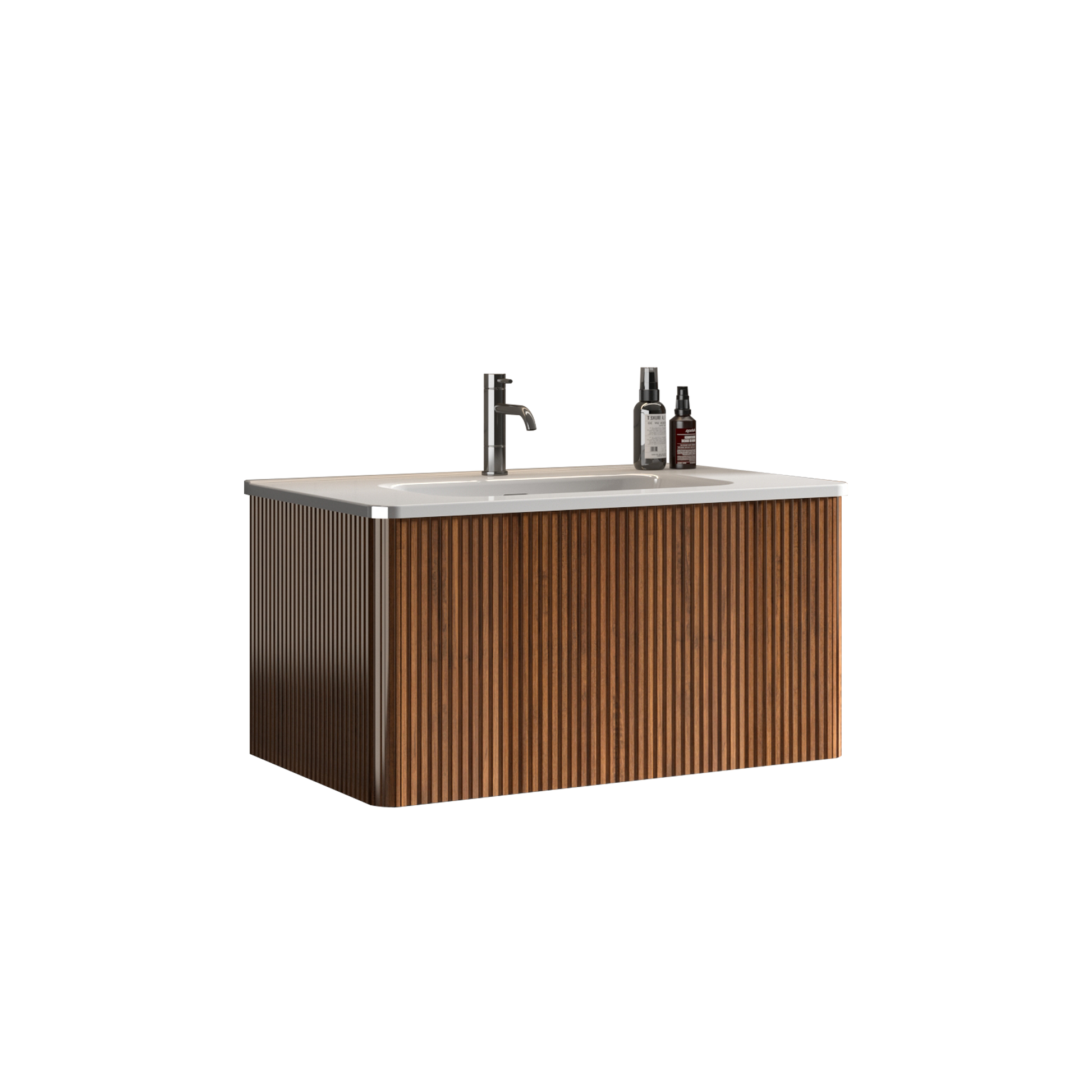 U047 Etna30W 305 Etna 30" Striped Walnut Bathroom Vanity With White Ceramic Sink, Wall Mounted Floating Bathroom Vanity For Modern Bathroom, Pre Assembled White Walnut Melamine