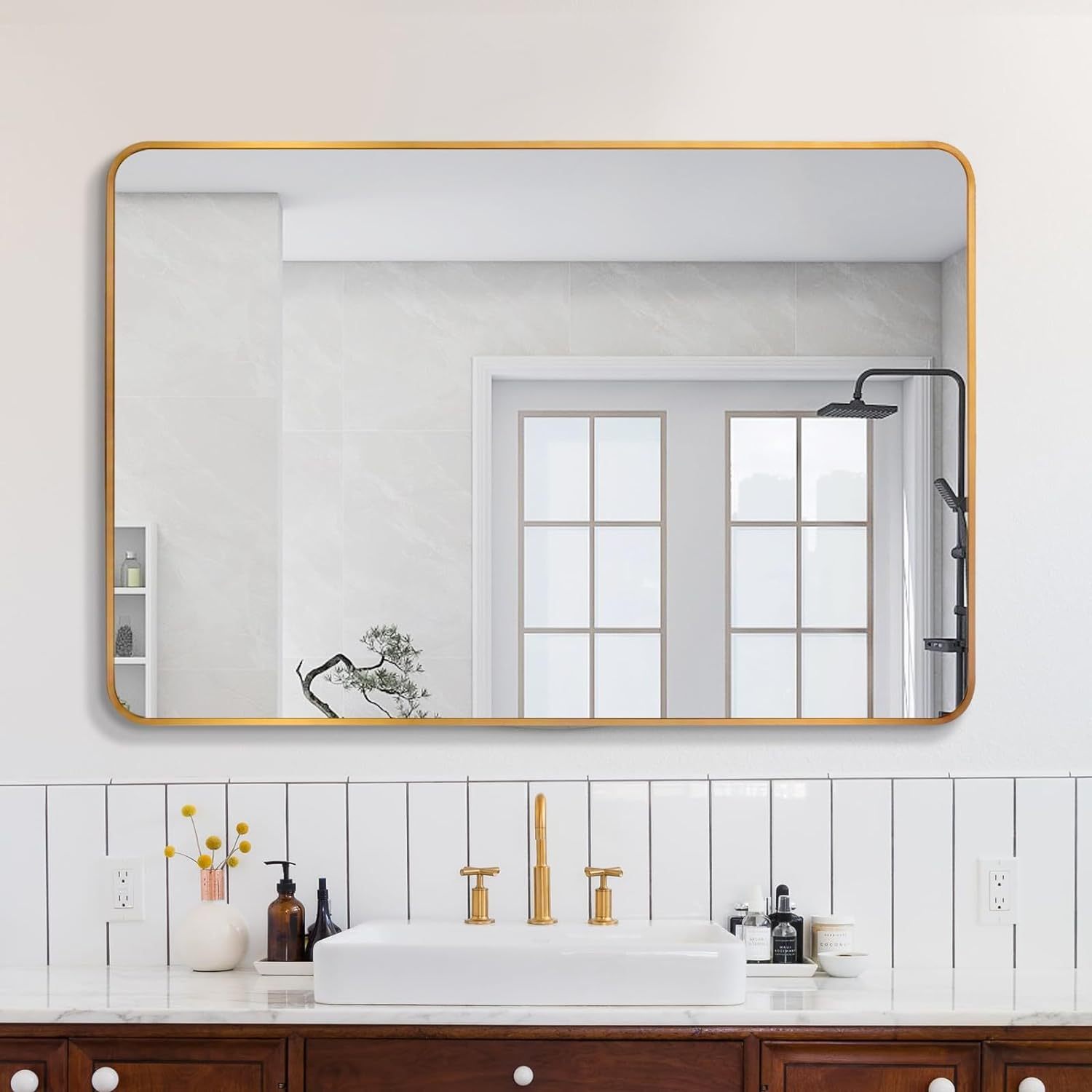 Gold 30 "X40" Rectangular Bathroom Wall Mirror Gold Classic Mdf Glass Aluminium Alloy