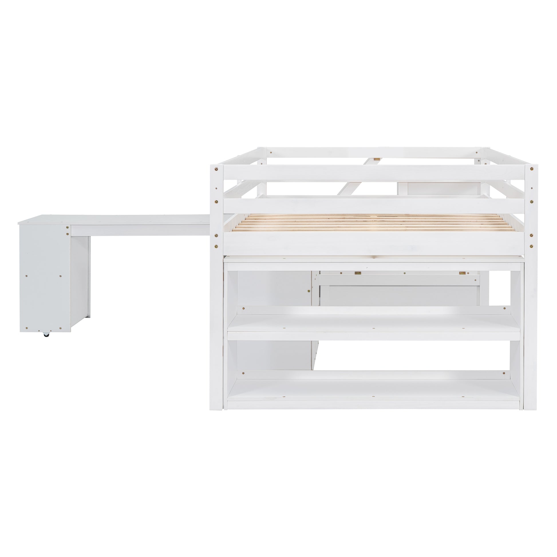 Full Size Loft Bed With Retractable Writing Desk And 3 Drawers, Wooden Loft Bed With Storage Stairs And Shelves, White White Solid Wood Mdf