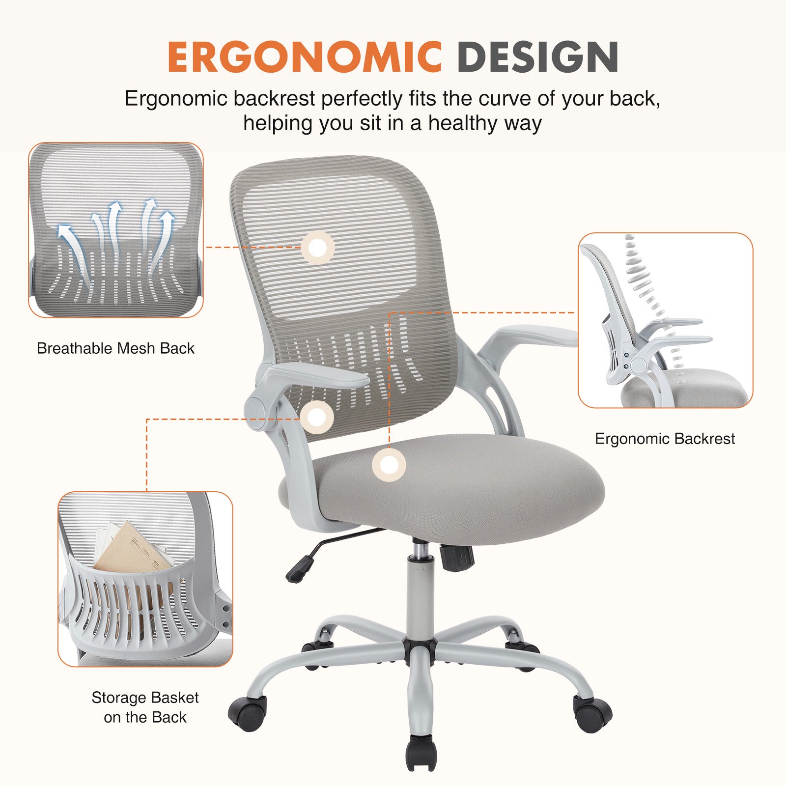 Sweetcrispy Office Mid Back Ergonomic Mesh Computer Desk Larger Seat Executive Height Adjustable Swivel Task Chair With Lumbar Support Gray Nylon Mesh