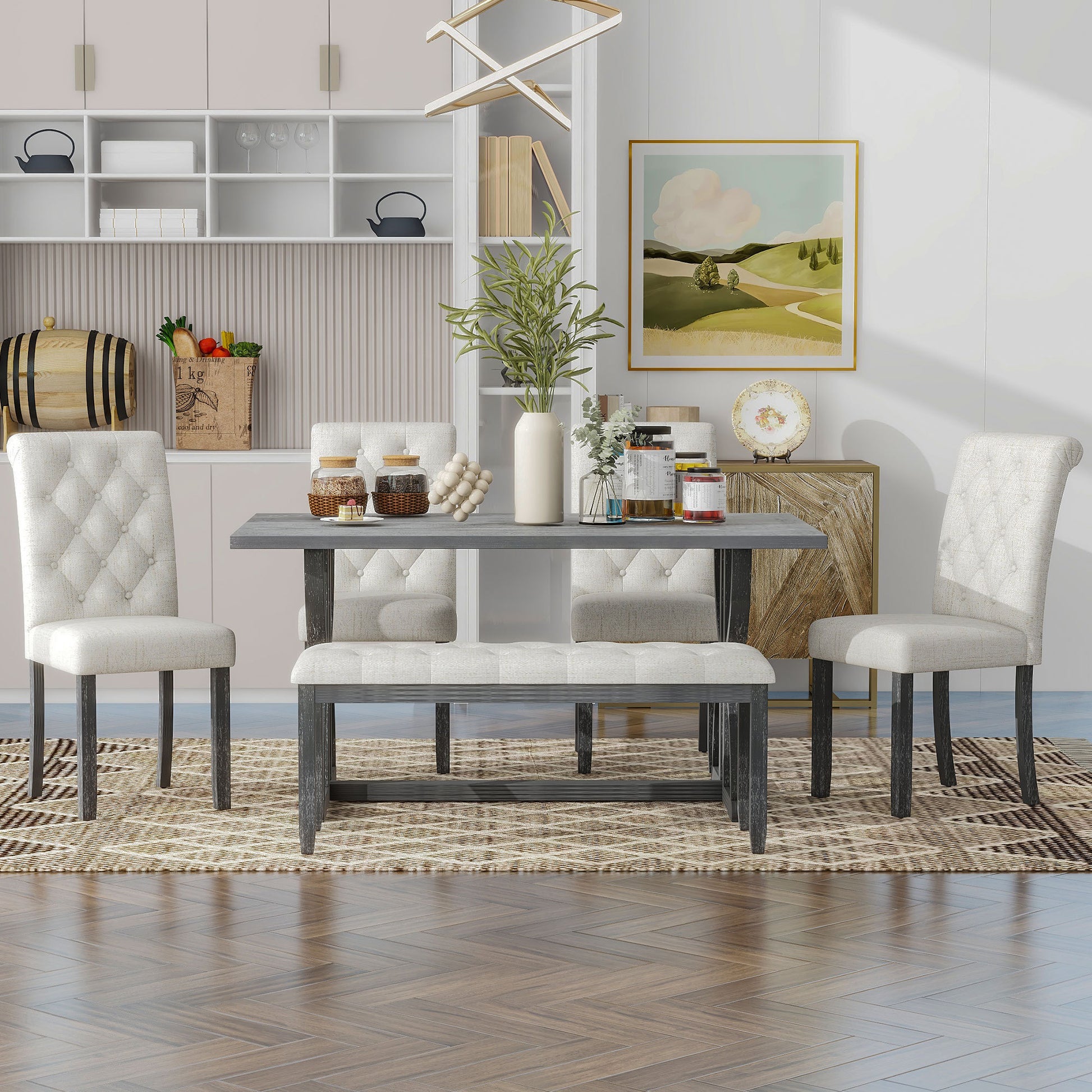 6 Piece Retro Rectangular Dining Table Set, Table With Unique Legs And 4 Upholstered Chairs & 1 Bench For Dining Room And Kitchen Gray Wash Gray Wash Lvl