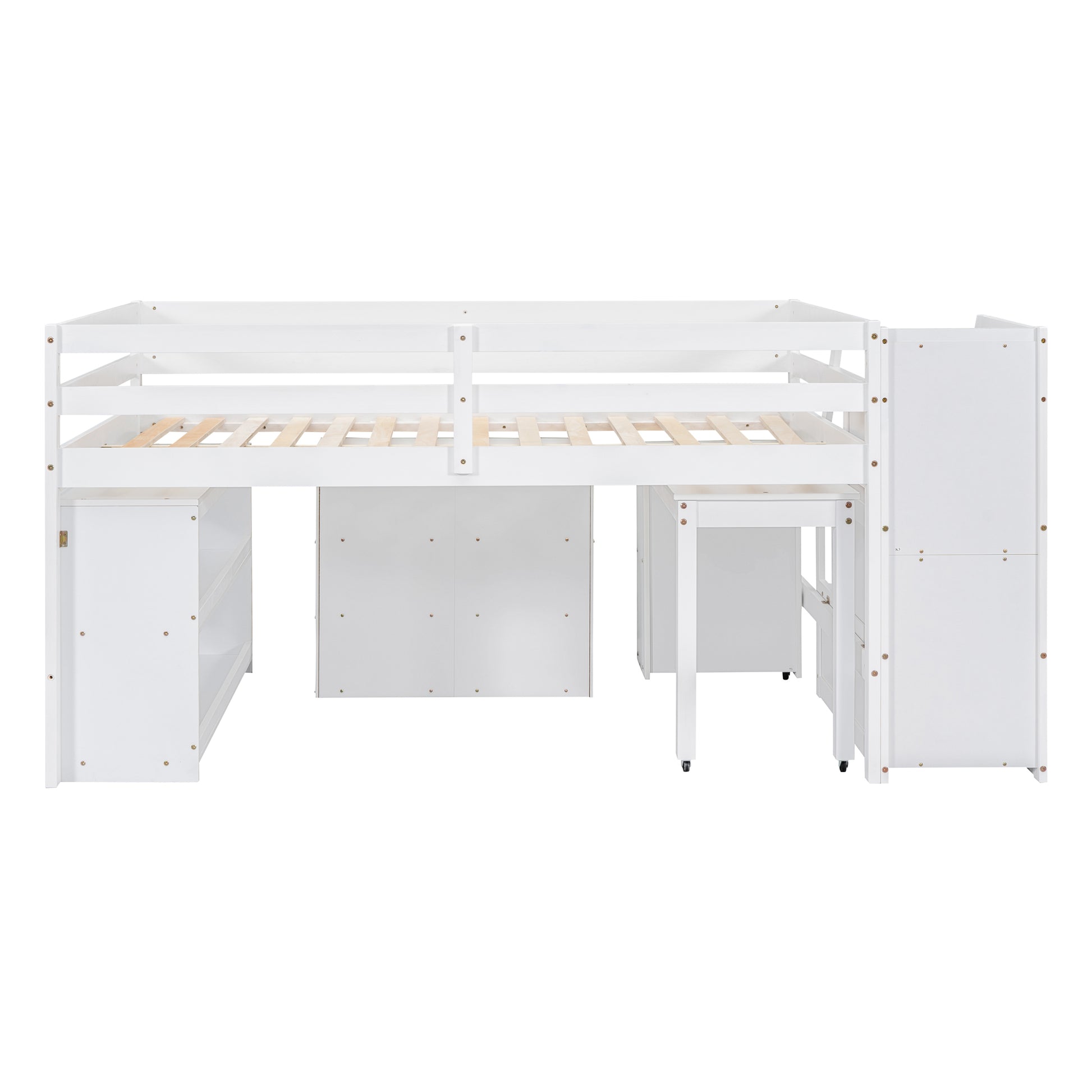 Full Size Loft Bed With Retractable Writing Desk And 3 Drawers, Wooden Loft Bed With Storage Stairs And Shelves, White White Solid Wood Mdf