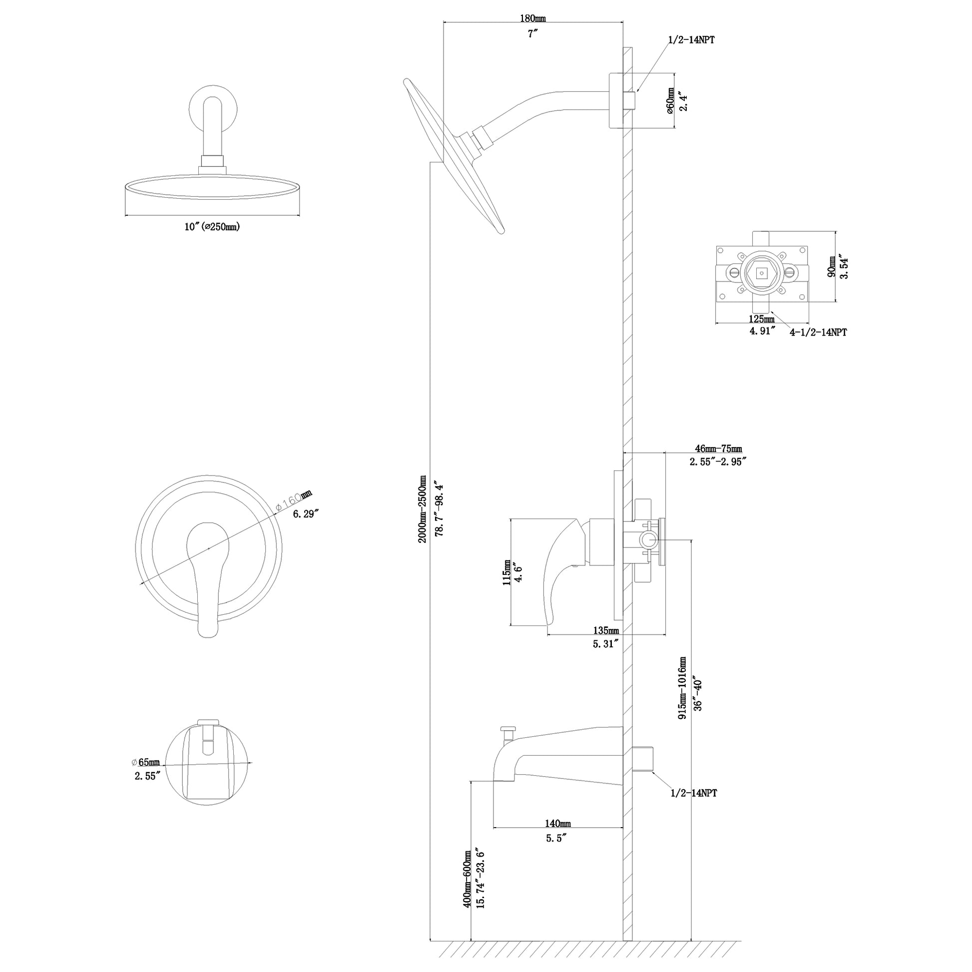 10" Round Rain Shower Head Systems With Waterfall Tub Spout, Brushed Nickel,Wall Mounted Shower Brushed Nickel Stainless Steel