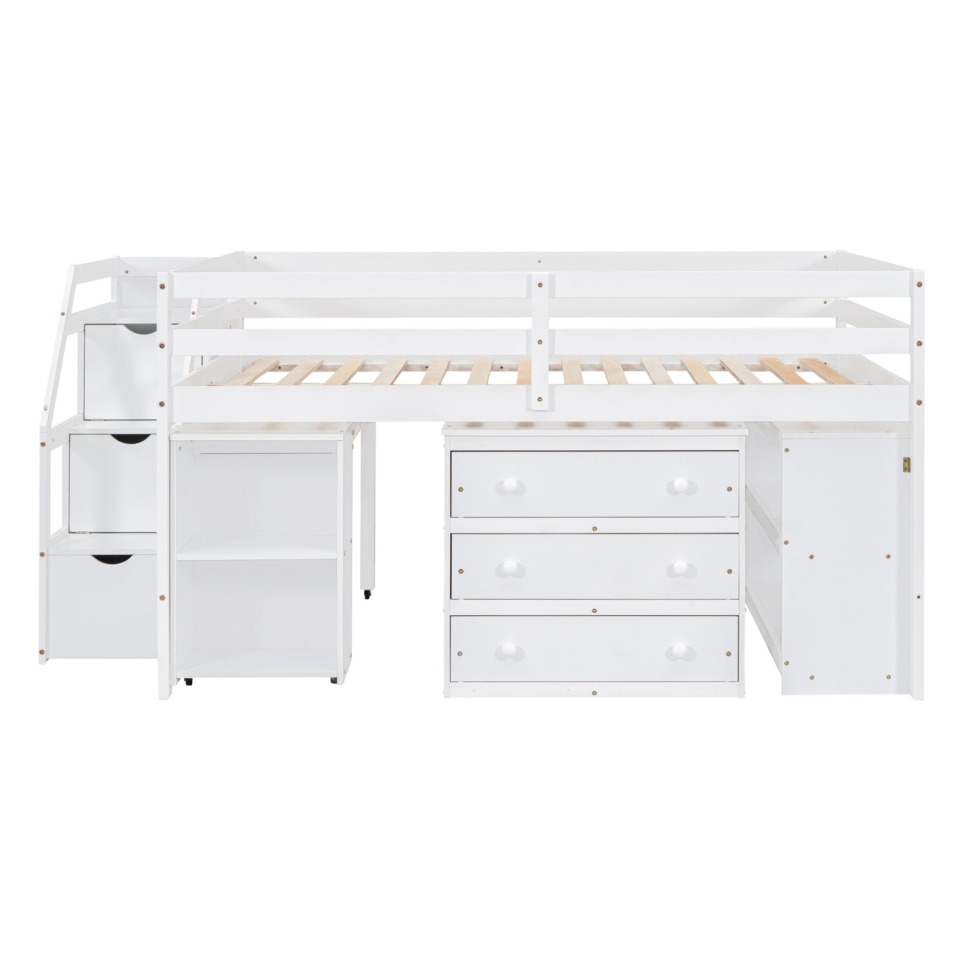 Full Size Loft Bed With Retractable Writing Desk And 3 Drawers, Wooden Loft Bed With Storage Stairs And Shelves, White White Solid Wood Mdf