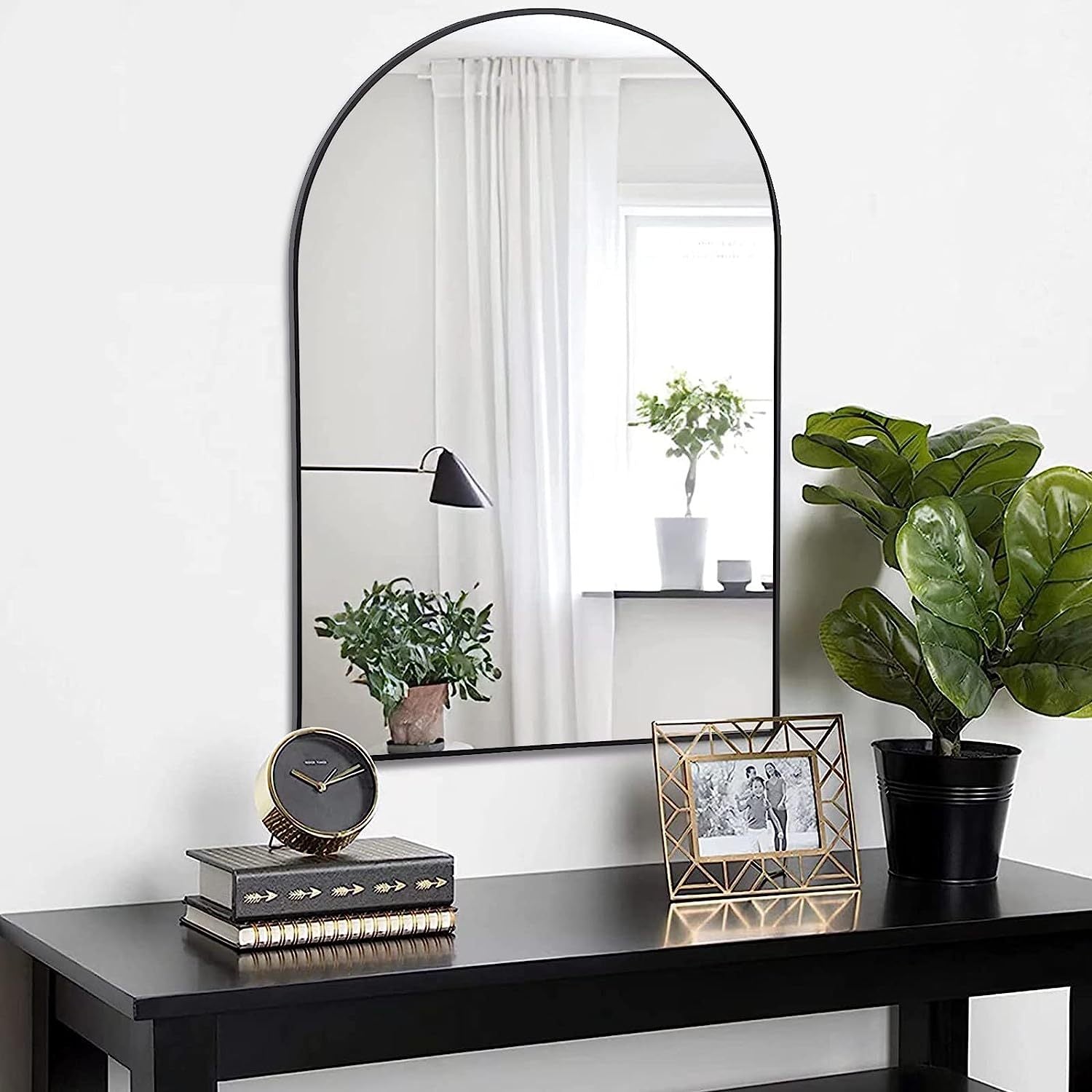 Black 20X30 Inch Metal Arch Barhroom Mirror Black Classic Mdf Glass Aluminium Alloy