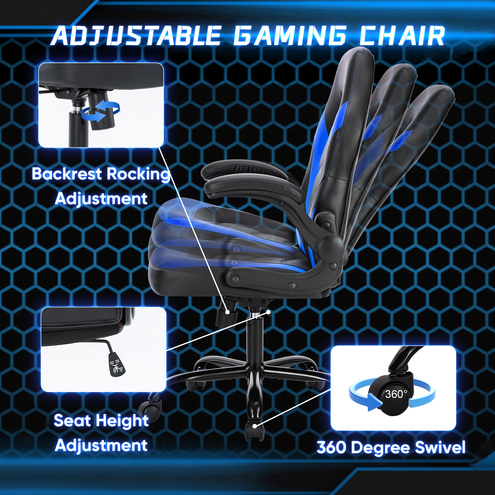 Sweetcrispy Gaming Chair Pu Leather Computer Chair Ergonomic Office Chair With Lumbar Support, Height Adjustable Rolling Desk Chairs With Flip Up Armrests Black Blue Pu