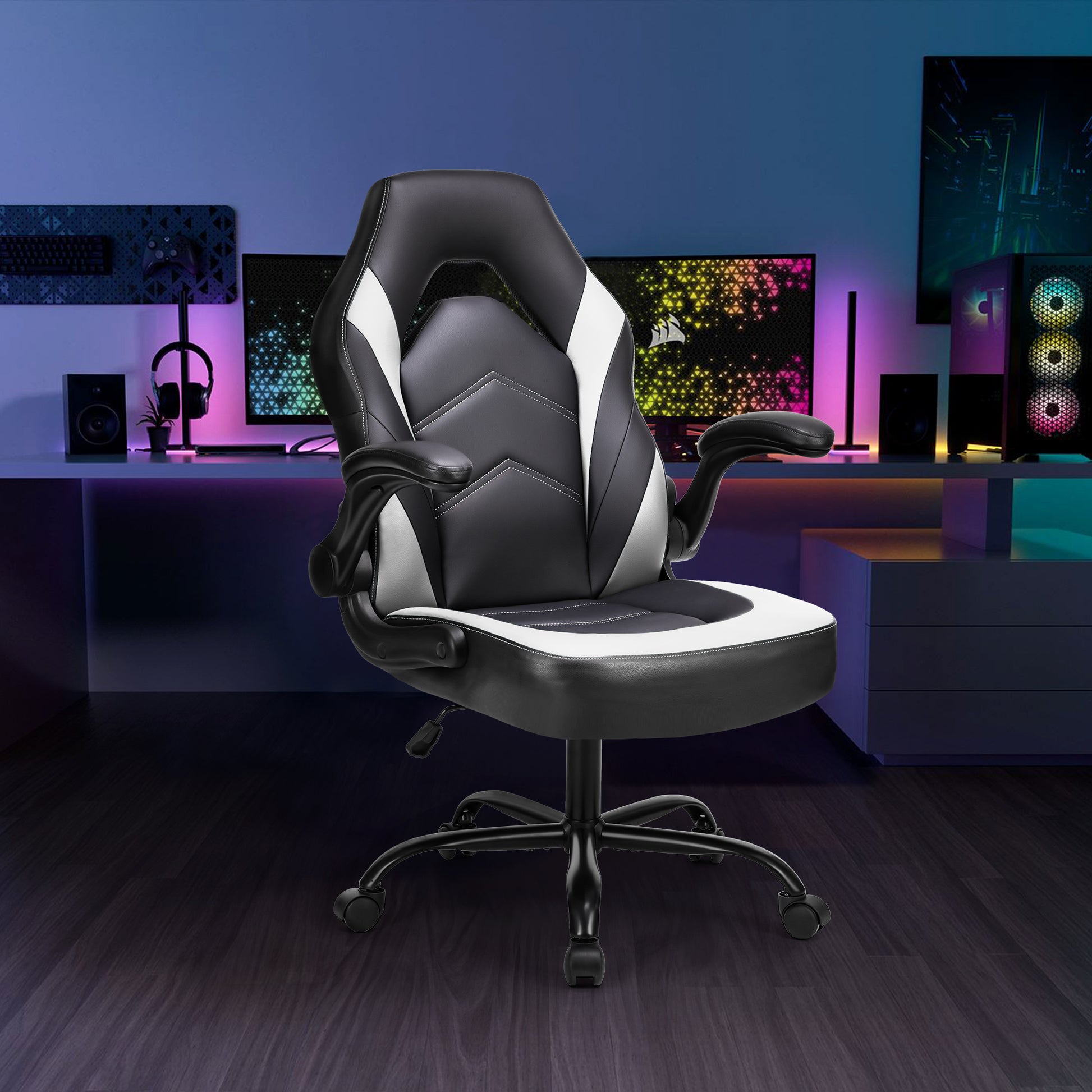 Sweetcrispy Gaming Chair Pu Leather Computer Chair Ergonomic Office Chair With Lumbar Support, Height Adjustable Rolling Desk Chairs With Flip Up Armrests Black White Pu