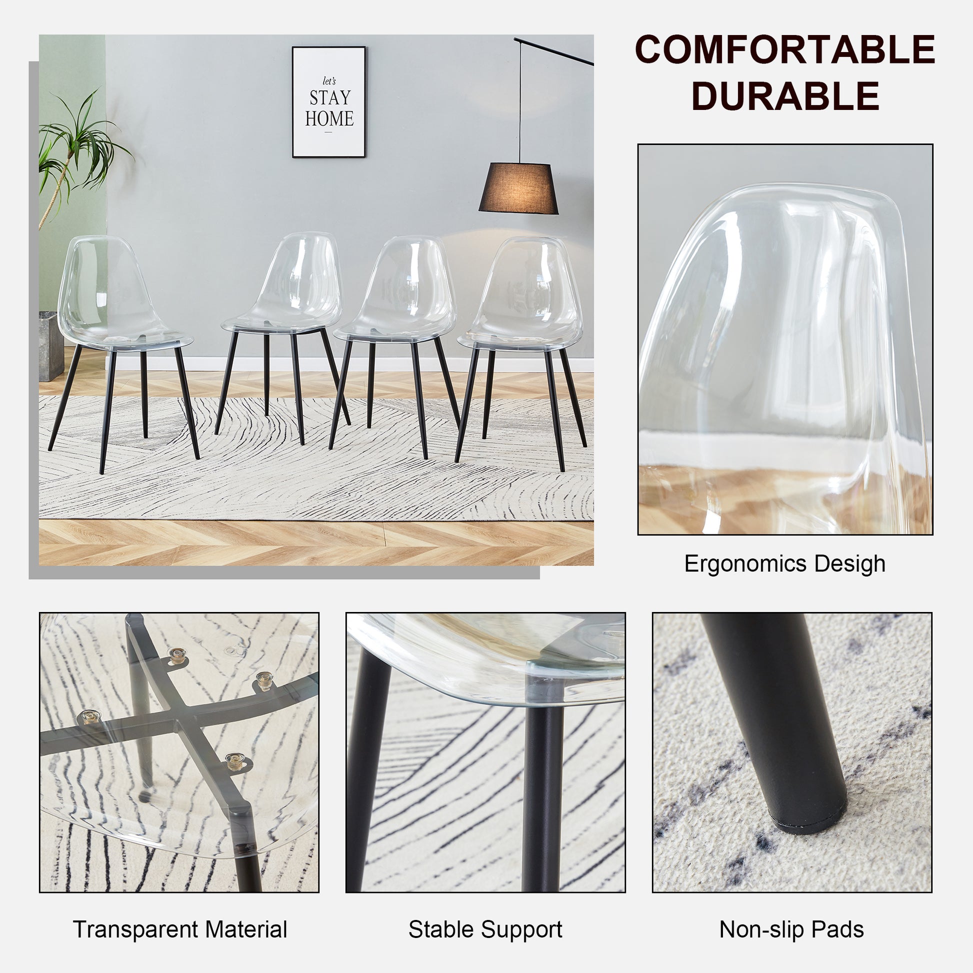 Table And Chair Set, Transparent Glass Tabletop And Black Metal Table Legs, Transparent Plastic Backrest Cushion And Black Metal Chair Legs, One Table With Four Chairs.Drt 1123 Tw 1200 Transparent Seats 4 Glass