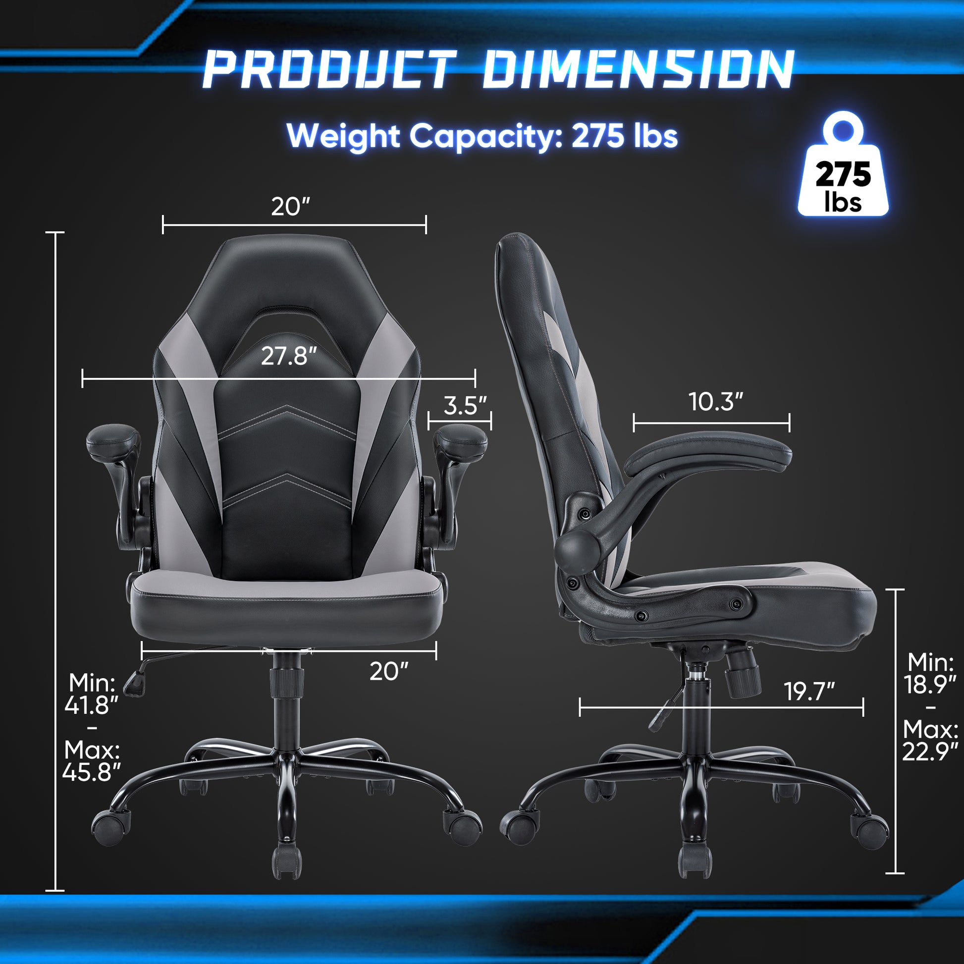 Sweetcrispy Gaming Chair Pu Leather Computer Chair Ergonomic Office Chair With Lumbar Support, Height Adjustable Rolling Desk Chairs With Flip Up Armrests Black Gray Pu