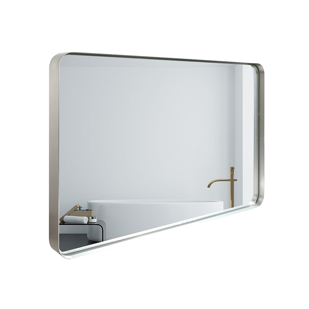 30X20Inch Glossy Brushed Silver Rounded Corner Rectangle Bathroom Mirror For Wall Metal Frame Deep Set Design Hangs Wall Mounted Bathroom Mirror Horizontal & Vertical Silver Classic,Modern Aluminium Alloy