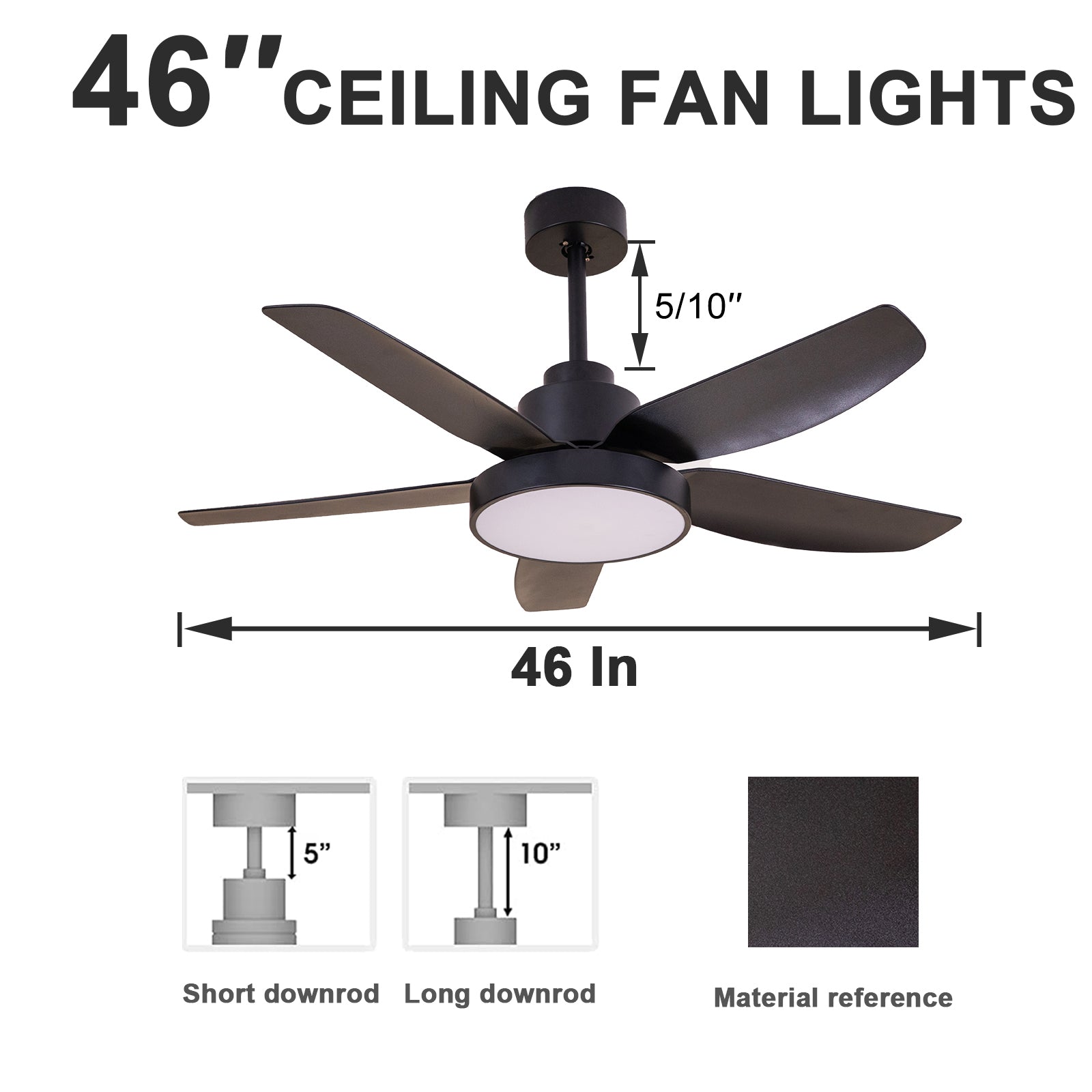 46 Inch Ceiling Fan with LED Lights Black black-metal