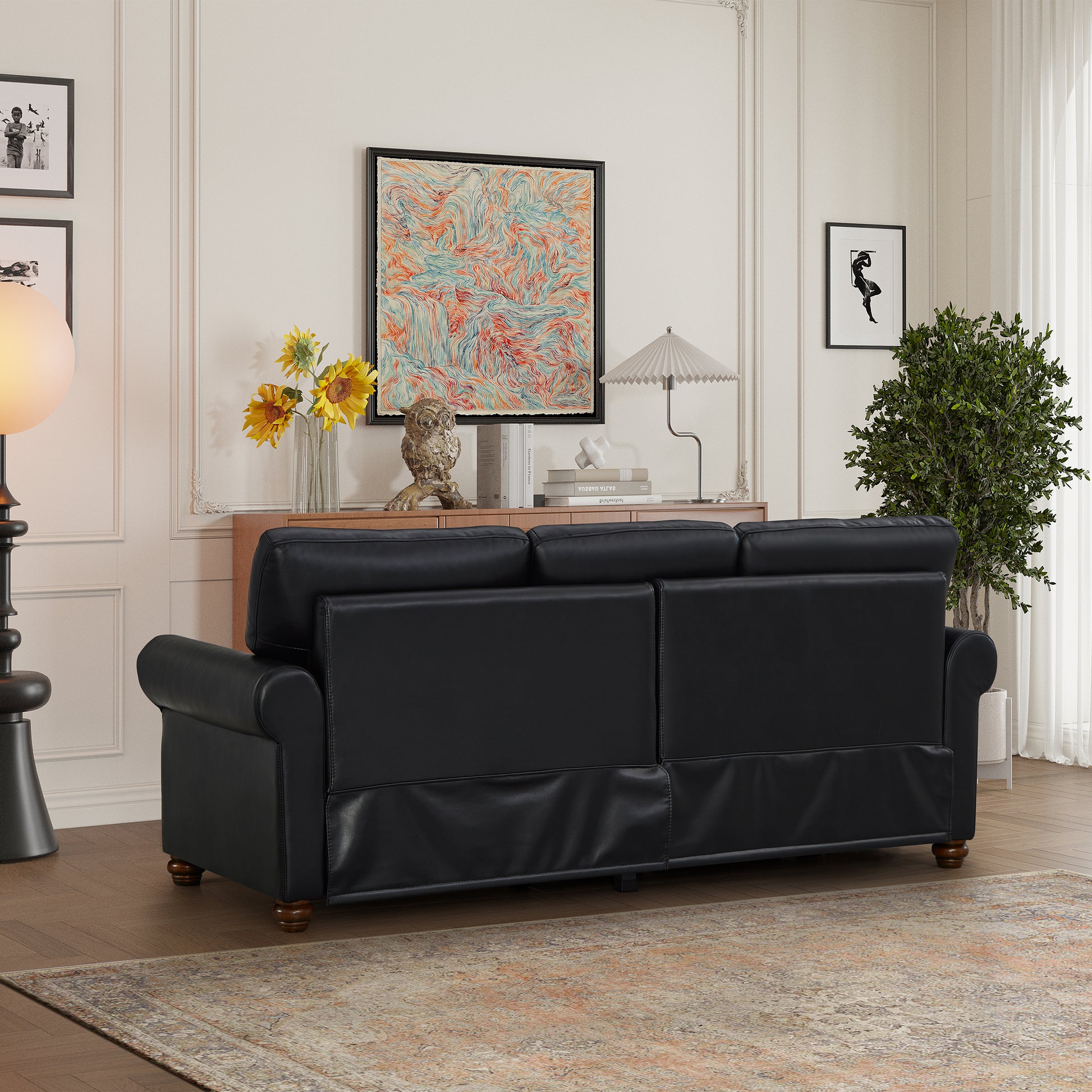 Classic Living Room Nails Sofa Black Faux Leather Black Foam Pu Leather