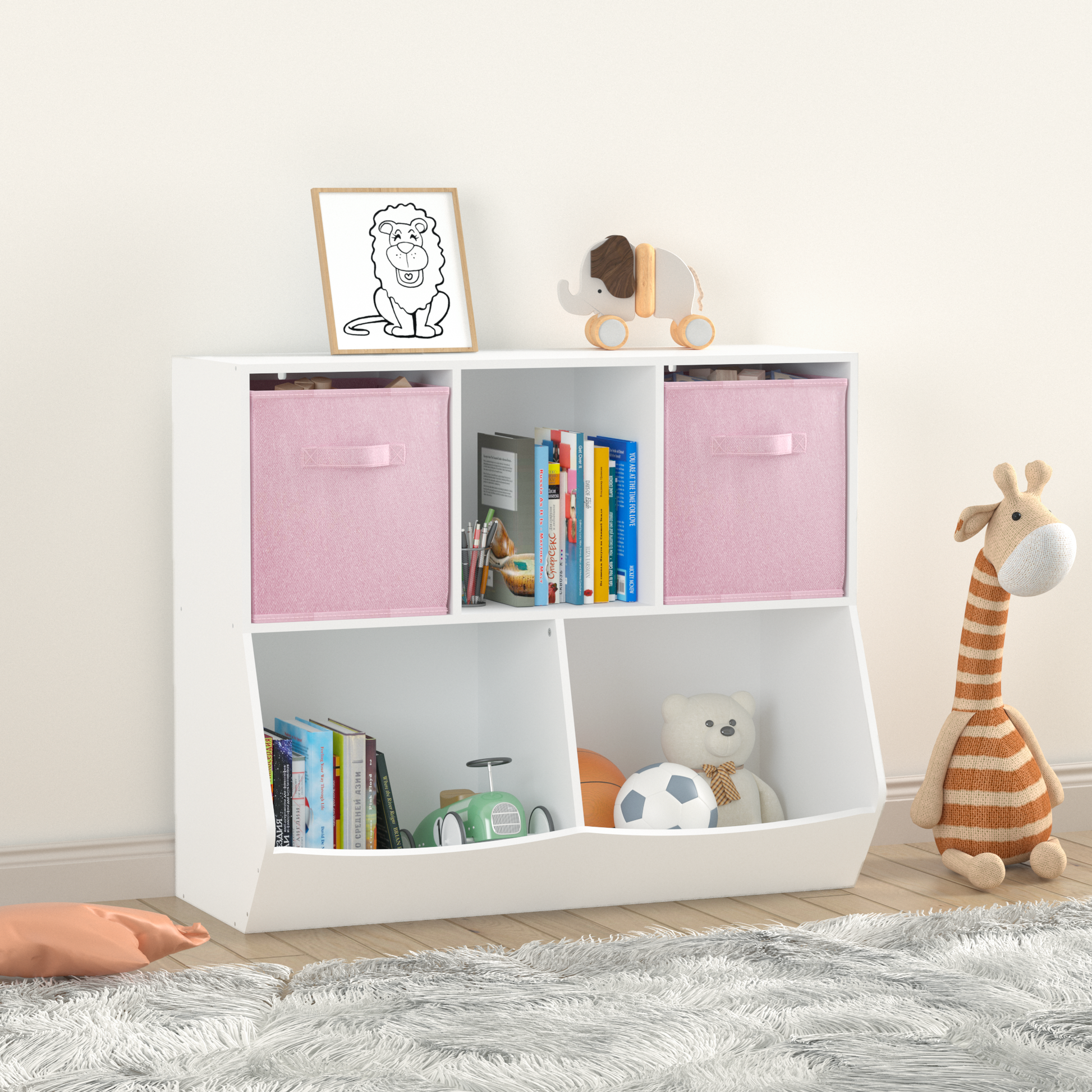 Kids Bookcase With Collapsible Fabric Drawers, Children'S Toy Storage Cabinet For Playroom, Bedroom, Nursery, School, White Pink White Pink Mdf