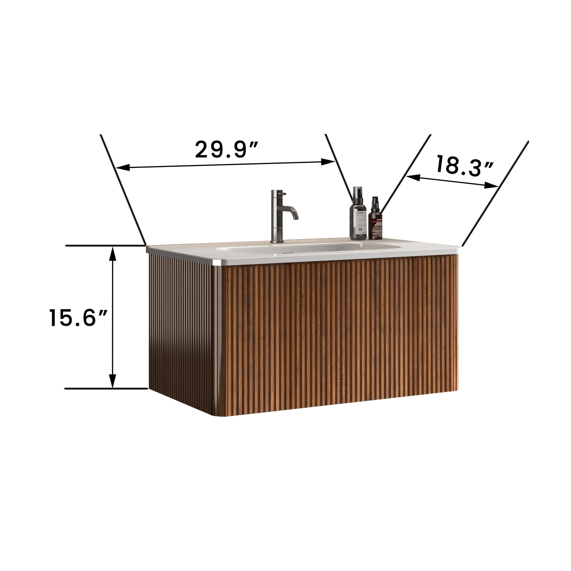 U047 Etna30W 305 Etna 30" Striped Walnut Bathroom Vanity With White Ceramic Sink, Wall Mounted Floating Bathroom Vanity For Modern Bathroom, Pre Assembled White Walnut Melamine