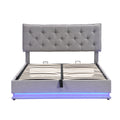 Queen Size Upholstered Bed With Hydraulic Storage System And Led Light, Modern Platform Bed With Button Tufted Design Headboard, Gray Gray Linen